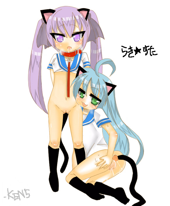 hiiragi kagami, izumi konata, lucky star, 00s, animal ears, collar, school uniform, serafuku, tail