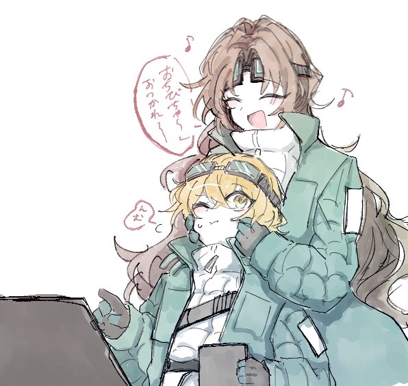 yokuri tori, rodion (project moon), sinclair (project moon), limbus company, project moon, 1boy, 1girl, :d, aqua coat, black gloves, blonde hair, brown hair, closed eyes, coat, devyat' association north uniform, gloves, goggles, goggles on head, jacket, jacket under coat, long hair, long sleeves, looking at another, musical note, one eye closed, open mouth, short hair, simple background, smile, speech bubble, tablet pc, upper body, white background, white jacket, yellow eyes