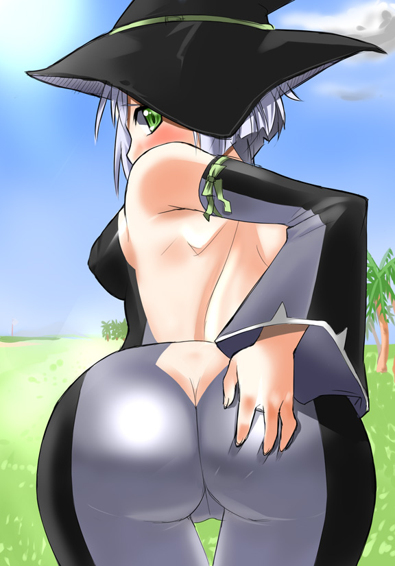nagase haruhito, cadie (pangya), pangya, 1girl, ass, back, backless outfit, bare back, bare shoulders, bent over, blush, breasts, butt crack, catsuit, day, detached sleeves, female focus, from behind, grabbing own ass, grass, green eyes, hat, huge ass, looking back, medium breasts, outdoors, shiny clothes, short hair, skin tight, solo, thigh gap, thighs, white hair, witch hat