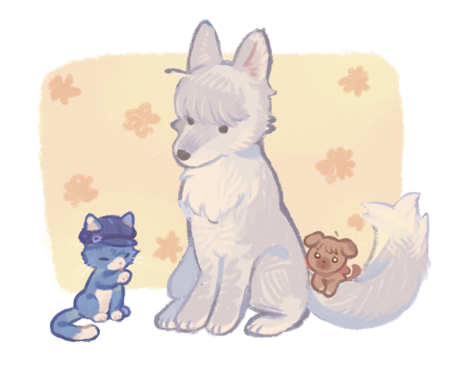 doujima nanako, narukami yu, shirogane naoto, persona, persona 4, highres, animal, animal focus, animalization, cat, closed eyes, dog, full body, hat, licking, looking at another, simple background, sitting, white background, wolf, xikq0py