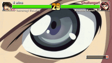 kouzuki kallen, kururugi suzaku, code geass, snk, the king of fighters, animated, animated gif, anime screenshot, lowres, 1boy, 1girl, battle, combo, fighting game, health bar, parody
