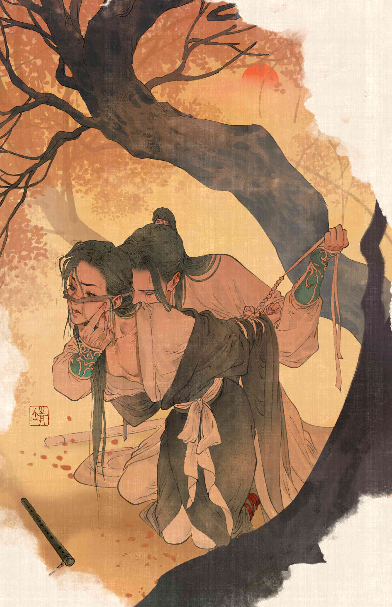 koyasuyasuko12, lan wangji, wei wuxian, modao zushi, chinese commentary, highres, 2boys, alternate hairstyle, arms behind back, autumn leaves, bdsm, bichen sword, biting, black eyes, black hair, black hanfu, black sash, blindfold, blush, bound, bound arms, bound wrists, branch, chenqing flute, chinese clothes, closed eyes, collarbone, dizi, ear blush, falling leaves, faux traditional media, flute, full body, hair down, hand on another's chin, hand on another's face, hand up, hanfu, holding, holding ribbon, implied sex, ink wash painting, instrument, kneeling, leaf, long hair, long sleeves, looking to the side, male focus, multiple boys, neck biting, off shoulder, open clothes, open mouth, open robe, outdoors, pants, pectoral cleavage, pectorals, ponytail, red sun, ribbon, ribbon bondage, robe, sash, seal impression, sex, sex from behind, sheath, sheathed, sun, sword, transverse flute, tree, vambraces, weapon, white hanfu, white pants, white ribbon, white sash, wide sleeves, xiao guan (headdress), yaoi