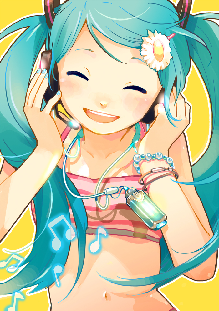 wakana (nagomoo), hatsune miku, vocaloid, bad id, bad pixiv id, 1girl, aqua hair, bikini, blue nails, bracelet, casual, closed eyes, digital media player, digital walkman, female focus, flower, hair flower, hair ornament, headphones, jewelry, long hair, microphone, nail polish, navel, simple background, solo, striped bikini, striped clothes, swimsuit, twintails, walkman e series
