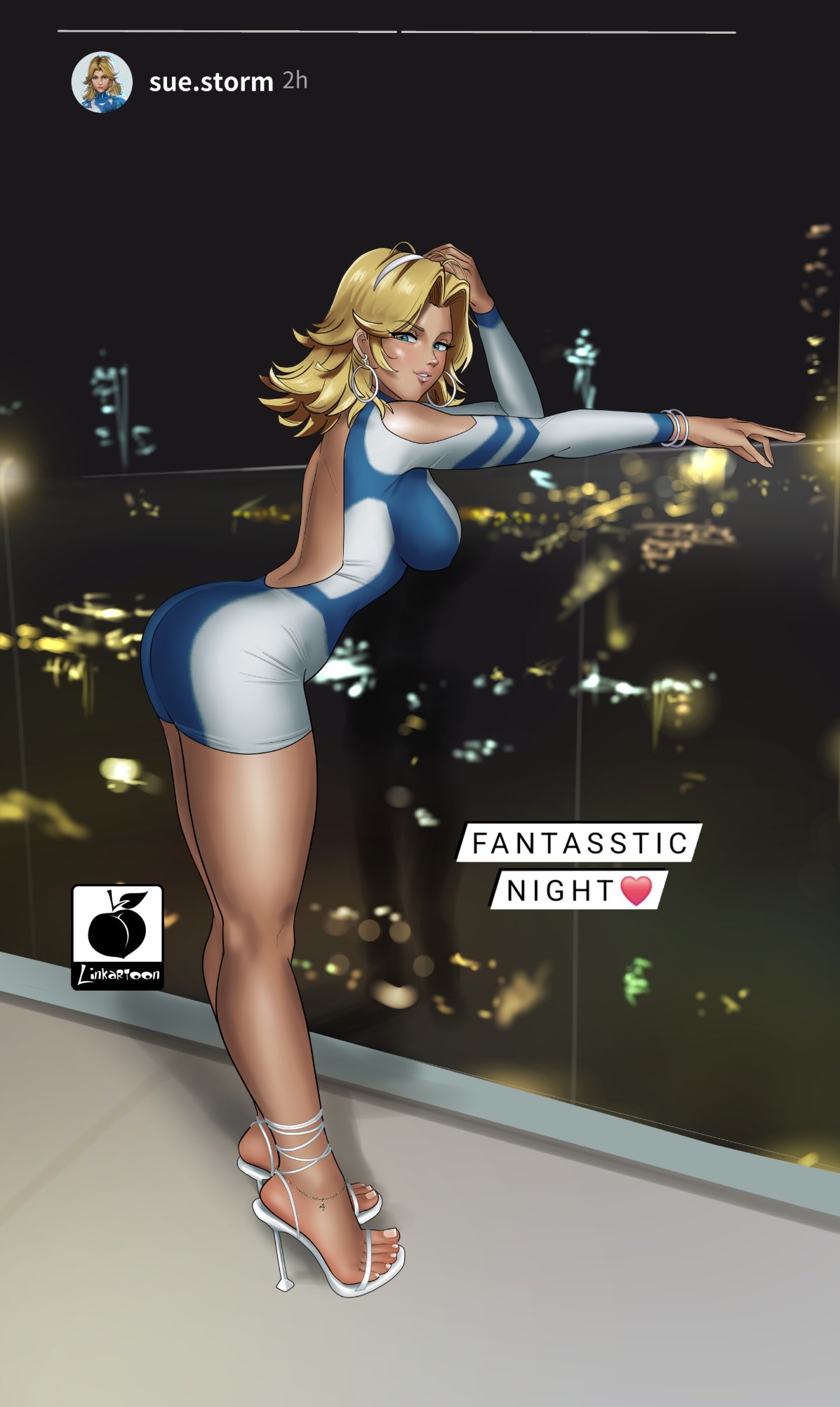 linkartoon, sue storm, fantastic four, instagram, marvel, highres, artist logo, backless dress, backless outfit, bare legs, blonde hair, dress, earrings, english text, high heels, hoop earrings, jewelry, logo, night, open-toe shoes, stiletto heels, strappy heels, tight clothes, tight dress, toes