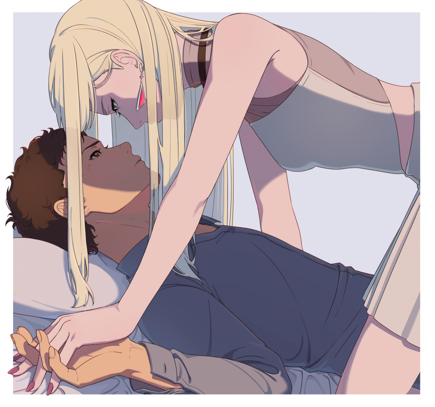 enelous, gigi andalusia, hathaway noa, gundam, gundam hathaway's flash, highres, 1boy, 1girl, all fours, black shirt, blonde hair, blue eyes, border, breasts, brown hair, collared shirt, couple, earrings, eye contact, floating hair, from side, girl on top, head on pillow, hetero, holding hands, interlocked fingers, jewelry, long hair, long sleeves, looking at another, lying, on back, outside border, parted lips, pillow, pleated skirt, profile, red eyes, shirt, short hair, skirt, sleeveless, sleeveless shirt, small breasts, triangle earrings, turtleneck, turtleneck shirt, very short hair, white border, white shirt, white skirt