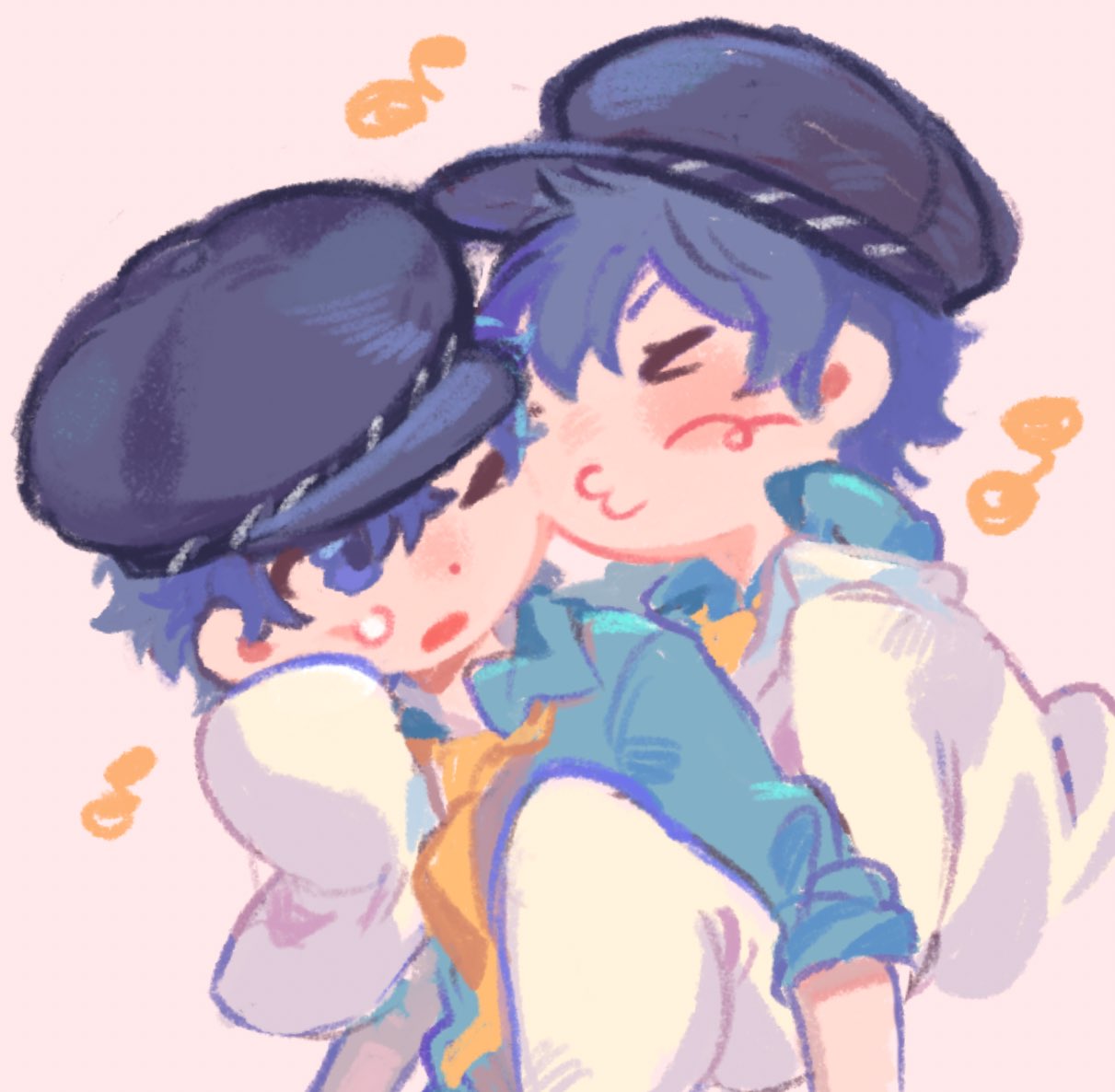 shadow (persona), shadow naoto, shirogane naoto, persona, persona 4, commentary request, korean commentary, 2girls, blue eyes, blue hair, blue shirt, closed eyes, closed mouth, collared shirt, hat, hug, hug from behind, lab coat, looking at another, multiple girls, musical note, necktie, newsboy cap, one eye closed, open mouth, pink background, puckered lips, selfcest, shirt, short hair, simple background, sleeves past fingers, sleeves past wrists, upper body, xikq0py, yellow necktie, yuri