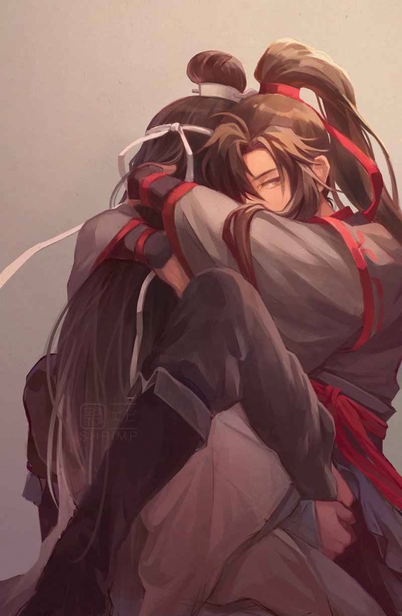 lan wangji, wei wuxian, modao zushi, chinese commentary, highres, 2boys, ahoge, black boots, black hair, black hanfu, black pants, black ribbon, boots, brown eyes, brown hair, chinese clothes, clothed sex, clothes pull, covered mouth, grey background, grey eyes, hair over one eye, hair ribbon, hand on another's ass, hand on another's back, hanfu, headband, high ponytail, hug, implied sex, knee up, leg lock, long hair, long sleeves, looking at viewer, male focus, multiple boys, pants, pants pull, ponytail, red ribbon, red sash, ribbon, robe, sash, sevenmileorz, sex, sidelocks, simple background, sitting, sleeves past wrists, standing leg lock, suspended congress, topknot, very long hair, watermark, white hanfu, white headband, white pants, white ribbon, wide sleeves, xiao guan (headdress), yaoi