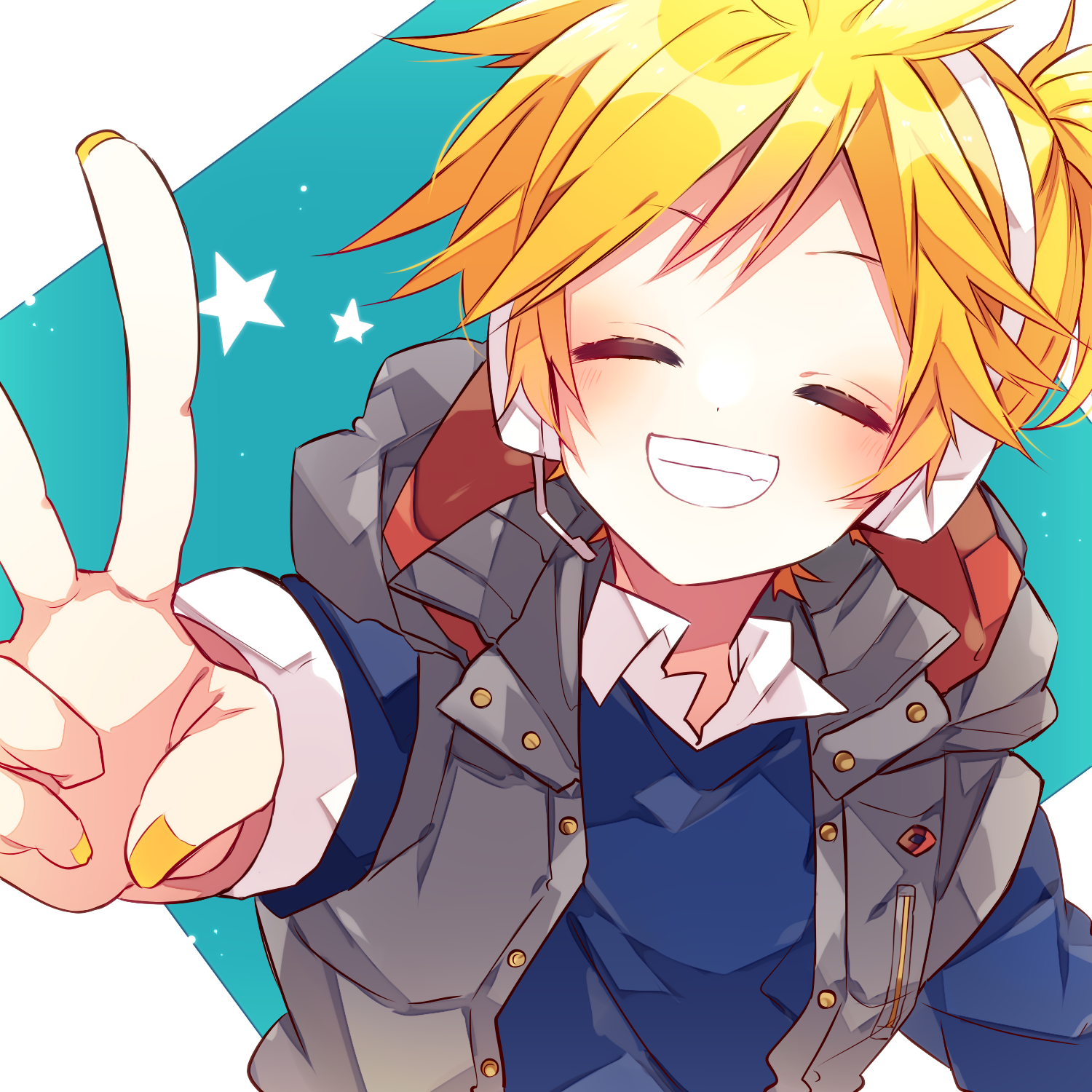 kaho 0102, kagamine len, vocaloid, commentary request, highres, 1boy, blonde hair, blue shirt, closed eyes, collared shirt, facing viewer, grey vest, grin, headset, hood, hood down, hooded vest, hoodie, long sleeves, male focus, nail polish, open clothes, open vest, outstretched arm, shirt, short hair, smile, solo, star (symbol), upper body, v, vest, yellow nails