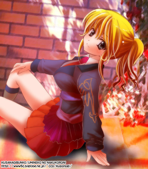 kusanagi yuuri, ushiromiya jessica, umineko no naku koro ni, 00s, 1girl, blonde hair, female focus, grey eyes, looking back, ponytail, sitting, solo