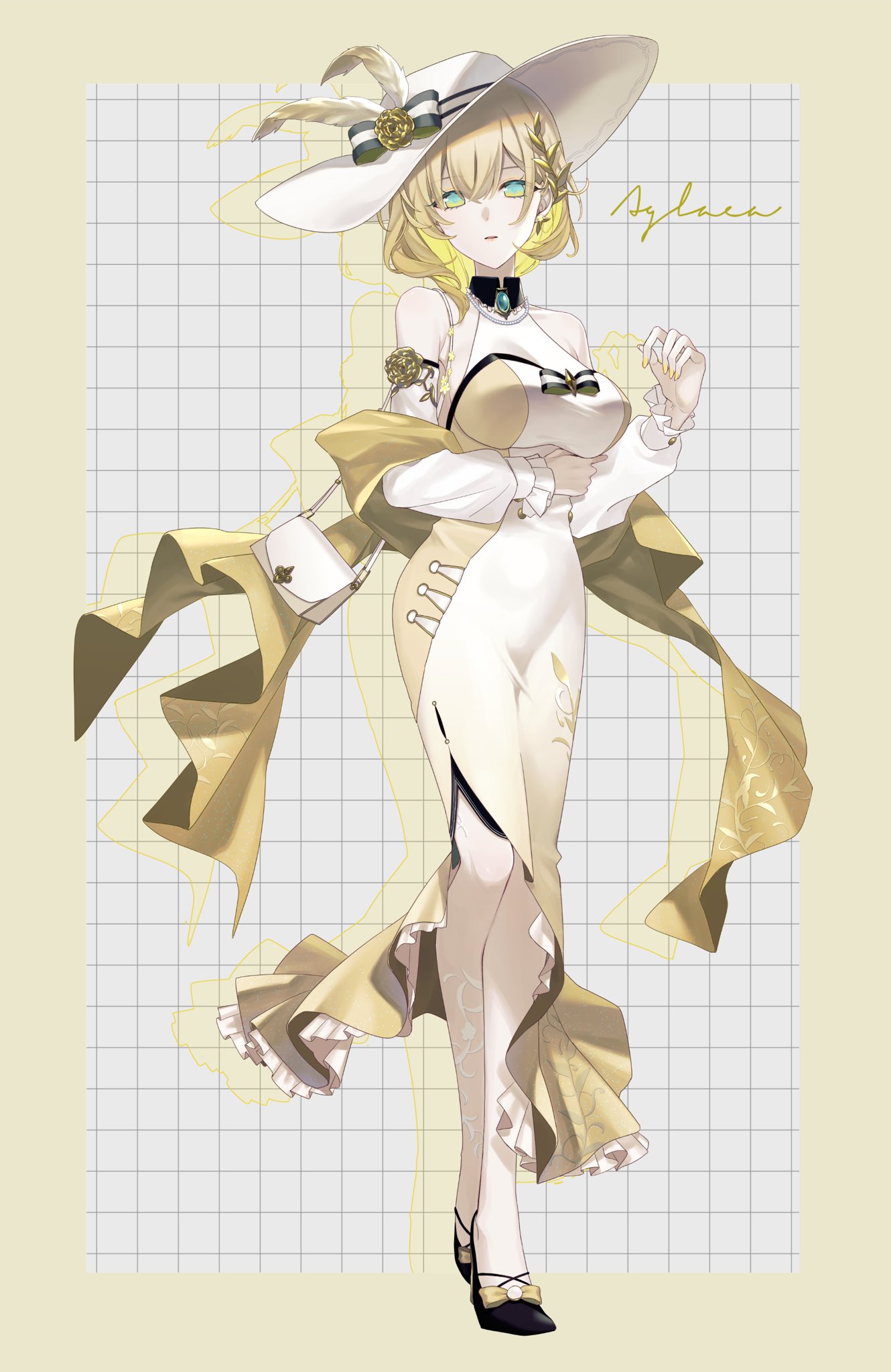 aglaea (honkai: star rail), aglaea (mom's touch) (honkai: star rail), honkai: star rail, honkai (series), highres, 1girl, bag, breasts, detached sleeves, dress, floral print, frills, gradient eyes, hair ornament, hat, hat feather, holding, holding bag, jewelry, long dress, looking at viewer, multicolored eyes, necklace, official alternate costume, pearl necklace, short hair, snor 0526, white hat, yellow dress