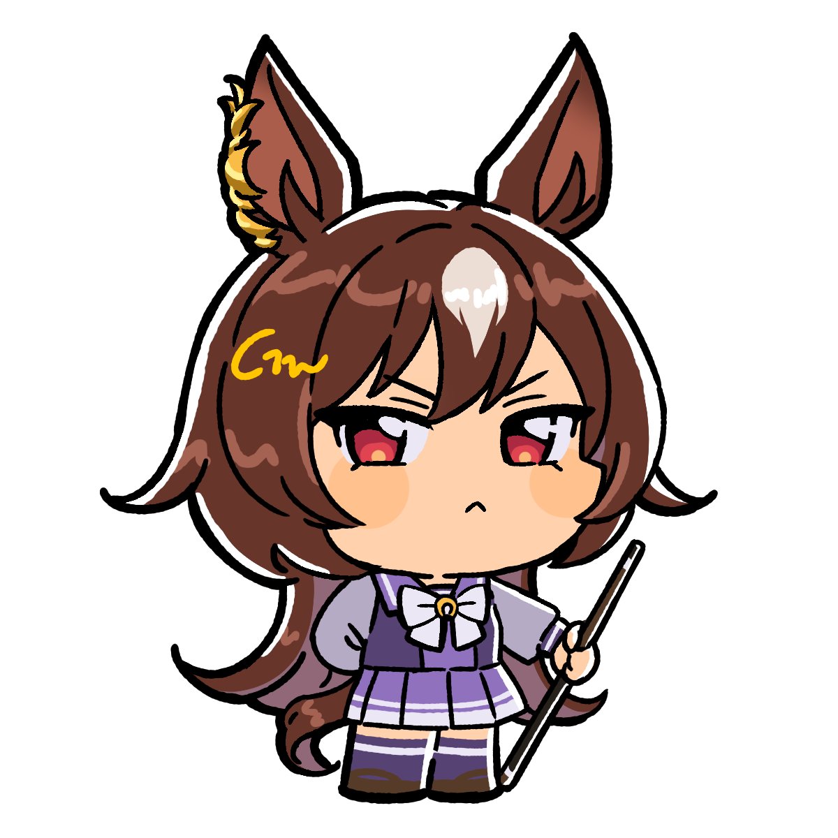 gaman, sirius symboli (umamusume), umamusume, commentary, highres, symbol-only commentary, 1girl, animal ears, blush, brown hair, chibi, closed mouth, cue stick, ear ornament, frown, hair between eyes, holding, horse ears, horse girl, horse tail, long hair, long sleeves, looking at viewer, multicolored hair, purple sailor collar, purple serafuku, purple shirt, purple skirt, purple thighhighs, red eyes, sailor collar, sailor shirt, school uniform, serafuku, shirt, shoes, simple background, skirt, solo, streaked hair, tail, thighhighs, tracen school uniform, very long hair, white background, white hair