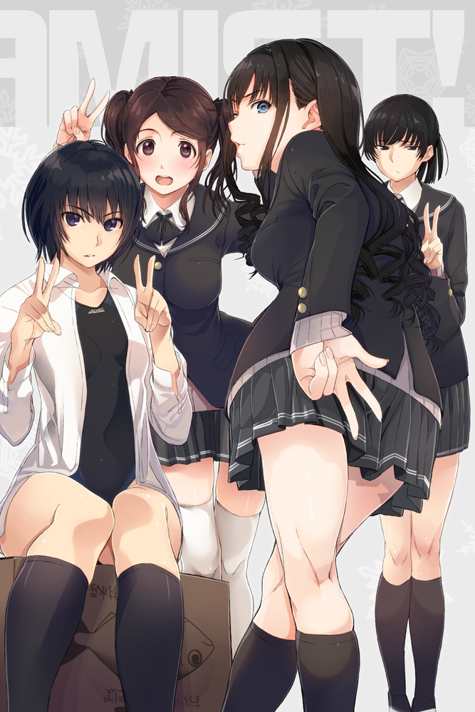 santa (sunflower), morishima haruka, nakata sae, nanasaki ai, tsukahara hibiki, amagami, commentary request, second-party source, 4girls, black bow, black bowtie, black eyes, black hair, black jacket, black one-piece swimsuit, black ribbon, black sailor collar, black socks, blazer, blue eyes, bow, bowtie, box, brown eyes, brown hair, cardboard box, closed mouth, collarbone, curly hair, double v, drill hair, feet out of frame, from behind, grey skirt, hair ribbon, hairband, jacket, kibito high school uniform, kneehighs, kneepits, long hair, long sleeves, looking at viewer, looking back, medium hair, multiple girls, on box, one-piece swimsuit, open mouth, pleated skirt, profile, ribbon, sailor collar, school uniform, shirt, short hair, sitting, sitting on box, skirt, skirt tug, socks, standing, swimsuit, swimsuit under clothes, thighhighs, thighs, twintails, v, white shirt, white thighhighs, winter uniform, zettai ryouiki
