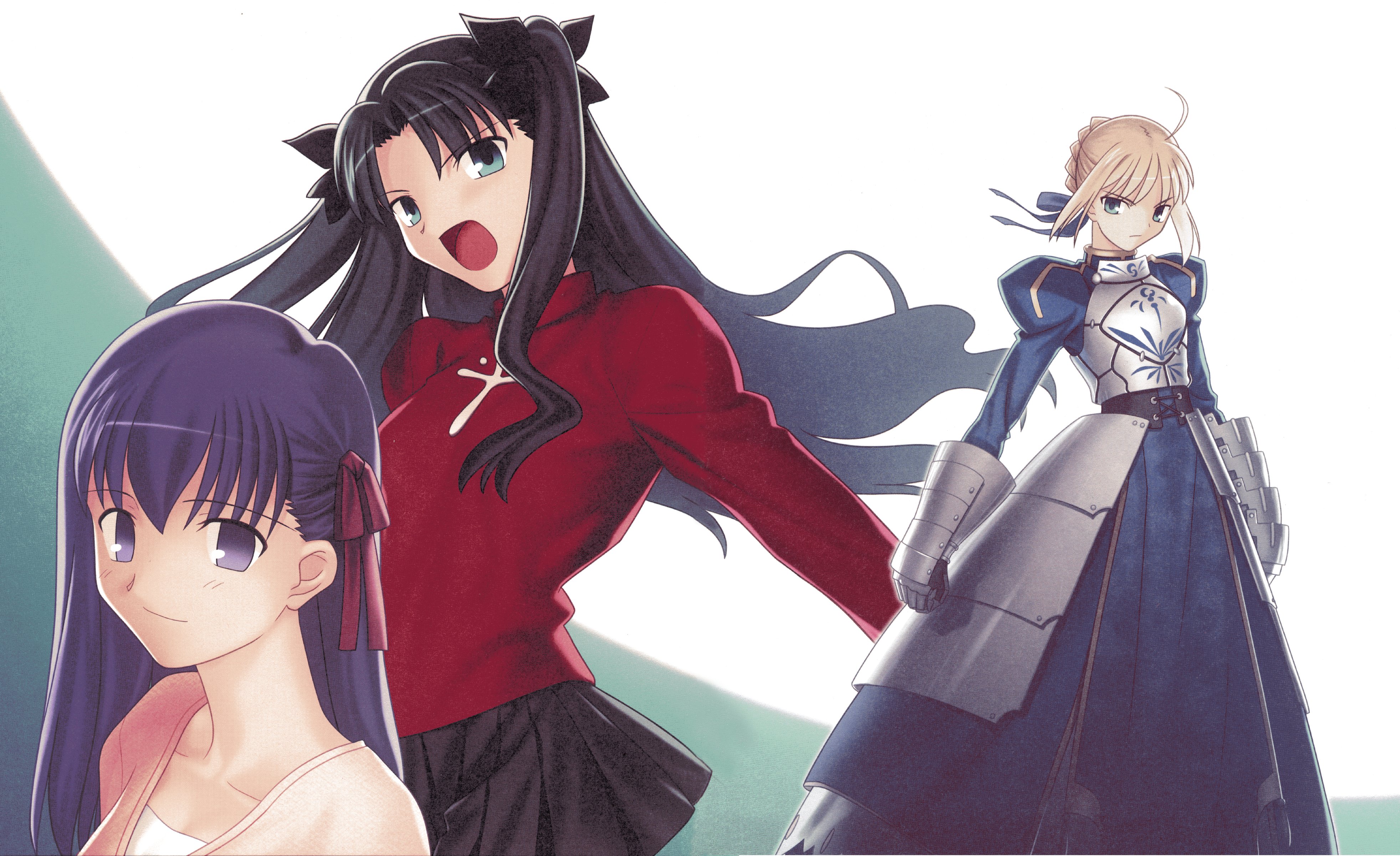 takeuchi takashi, artoria pendragon (fate), matou sakura, saber (fate), tohsaka rin, fate/stay night, fate (series), absurdres, highres, scan, 00s, 3girls, black hair, blonde hair, multiple girls, purple eyes, twintails, two side up