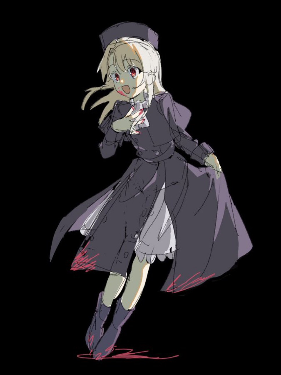 dun dudu, illyasviel von einzbern, fate/stay night, fate (series), commentary, highres, black background, blonde hair, blood, blood on clothes, blood on face, bow, dress, hand on own chest, hand up, hat, purple dress, purple hat, red eyes, skirt, white bow, white skirt