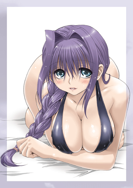 mitarashi kousei, minase akiko, kanon, 1girl, blue eyes, blush, braid, breasts, cleavage, female focus, hair intakes, large breasts, long hair, mature female, purple hair, solo