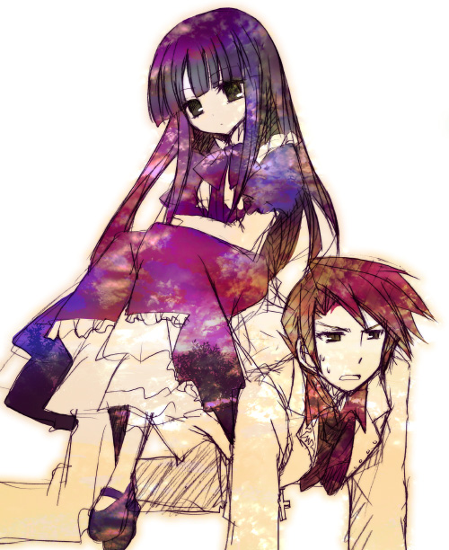 suzushiro kurumi, frederica bernkastel, ushiromiya battler, umineko no naku koro ni, 00s, 1boy, 1girl, all fours, black eyes, dress, formal clothes, human chair, human furniture, long hair, purple hair, red hair, sitting, sitting on person, sketch, suit