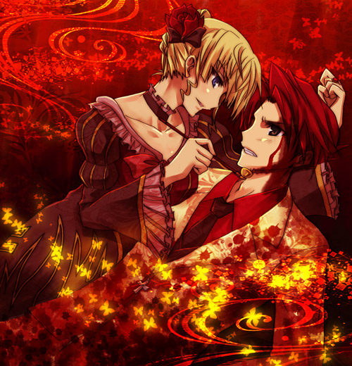isya, beatrice (umineko), ushiromiya battler, umineko no naku koro ni, 00s, 1boy, 1girl, blonde hair, blood, blue eyes, brown eyes, bug, butterfly, flower, hair flower, hair ornament, holding, holding smoking pipe, insect, kiseru, red hair, red theme, smoking pipe