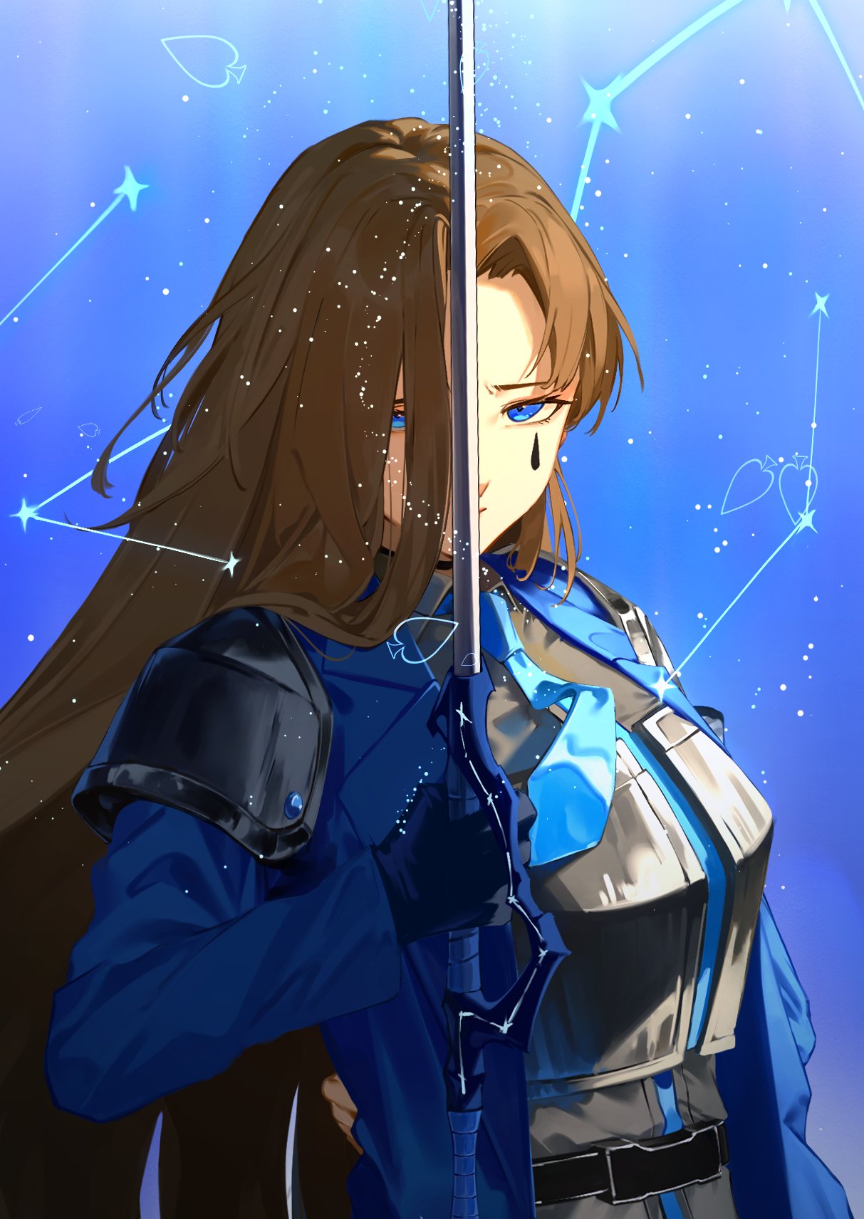 issun boushi (taku37taku), rodion (project moon), limbus company, project moon, highres, 1girl, armor, belt, black belt, blue background, blue eyes, blue gloves, blue jacket, blue necktie, brown hair, closed mouth, collared shirt, constellation, e.g.o (project moon), gloves, gradient background, grey armor, grey shirt, hand up, holding, holding sword, holding weapon, jacket, lapels, long hair, long sleeves, looking at viewer, necktie, open clothes, open jacket, shirt, shoulder armor, solo, sword, teardrop facial mark, the sword sharpened with tears (e.g.o), upper body, weapon