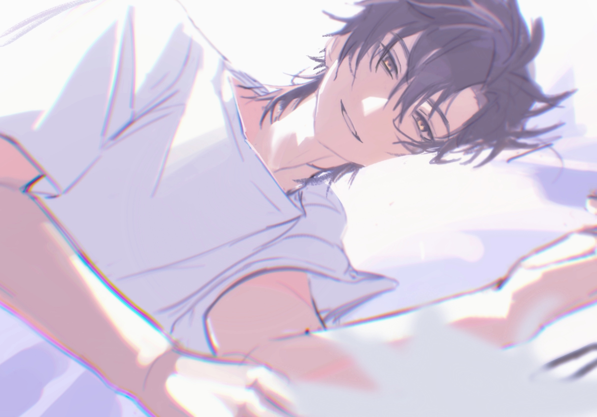 cheng xiaoshi, lu guang, shiguang dailiren, chinese commentary, highres, 2boys, bed sheet, black hair, blurry, blurry foreground, brown hair, hair between eyes, implied yaoi, looking at viewer, lying, male focus, multiple boys, on bed, on side, parted lips, pillow, shirt, short hair, short sleeves, smile, solo focus, t-shirt, upper body, white background, white hair, white shirt, yellow eyes, zsxdd