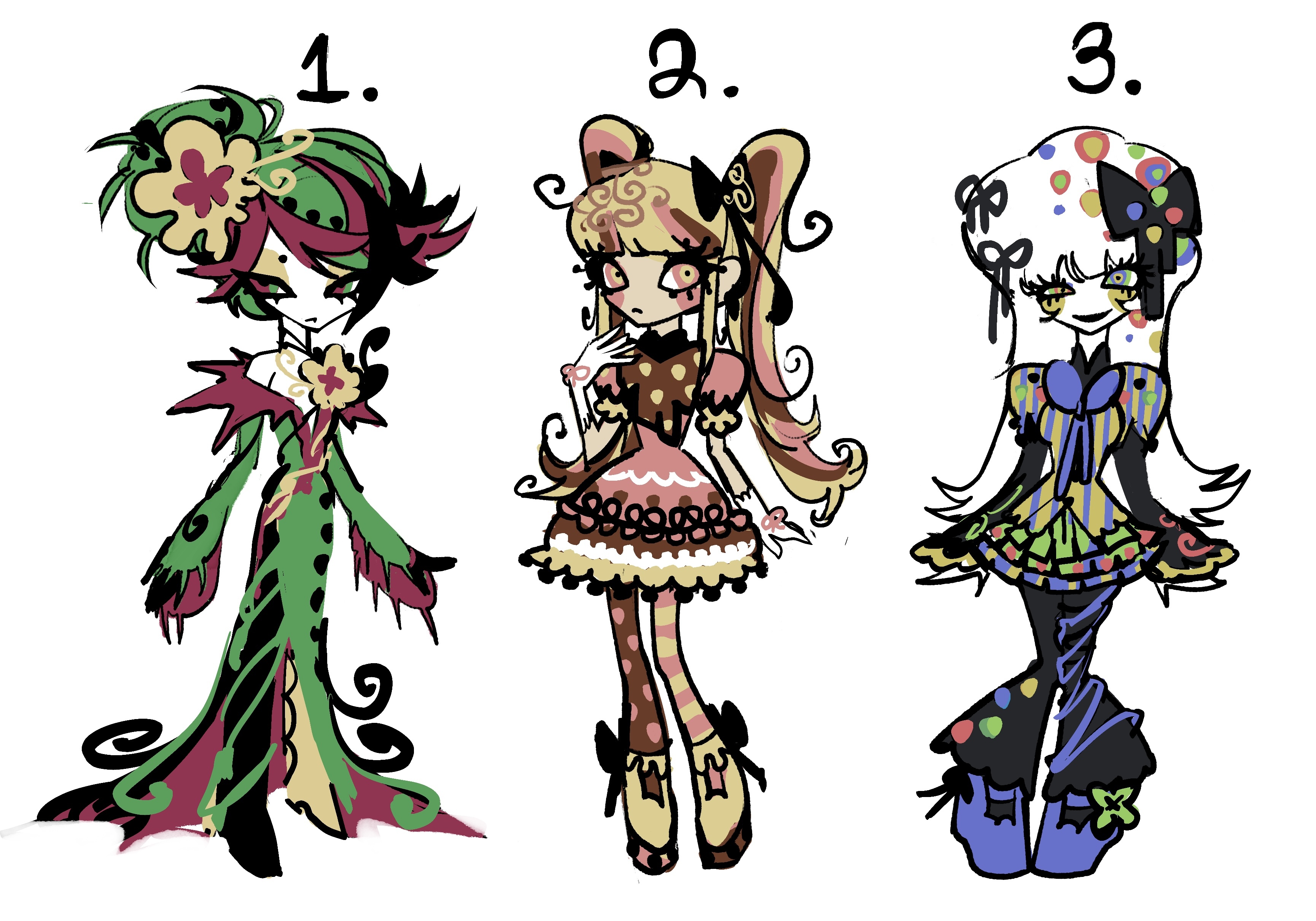 original, absurdres, highres, 3girls, :<, :d, adoptable, asymmetrical legwear, black bow, black hair, black pants, blonde hair, blue bow, blue shoes, boots, bow, brown dress, brown thighhighs, carnivorous plant, closed mouth, colored skin, dress, frilled dress, frills, full body, green dress, green hair, hair bow, high heels, long hair, mismatched legwear, multicolored dress, multicolored eyes, multicolored hair, multicolored pants, multicolored shoes, multiple girls, narrowed eyes, open mouth, pants, papilionidae, pink dress, pink sleeves, polka dot, polka dot hair, polka dot thighhighs, puffy sleeves, purple hair, shoes, simple background, sketch, smile, standing, striped clothes, striped thighhighs, thighhighs, twintails, white background, white hair, white skin, yellow dress, yellow shoes, yellow thighhighs