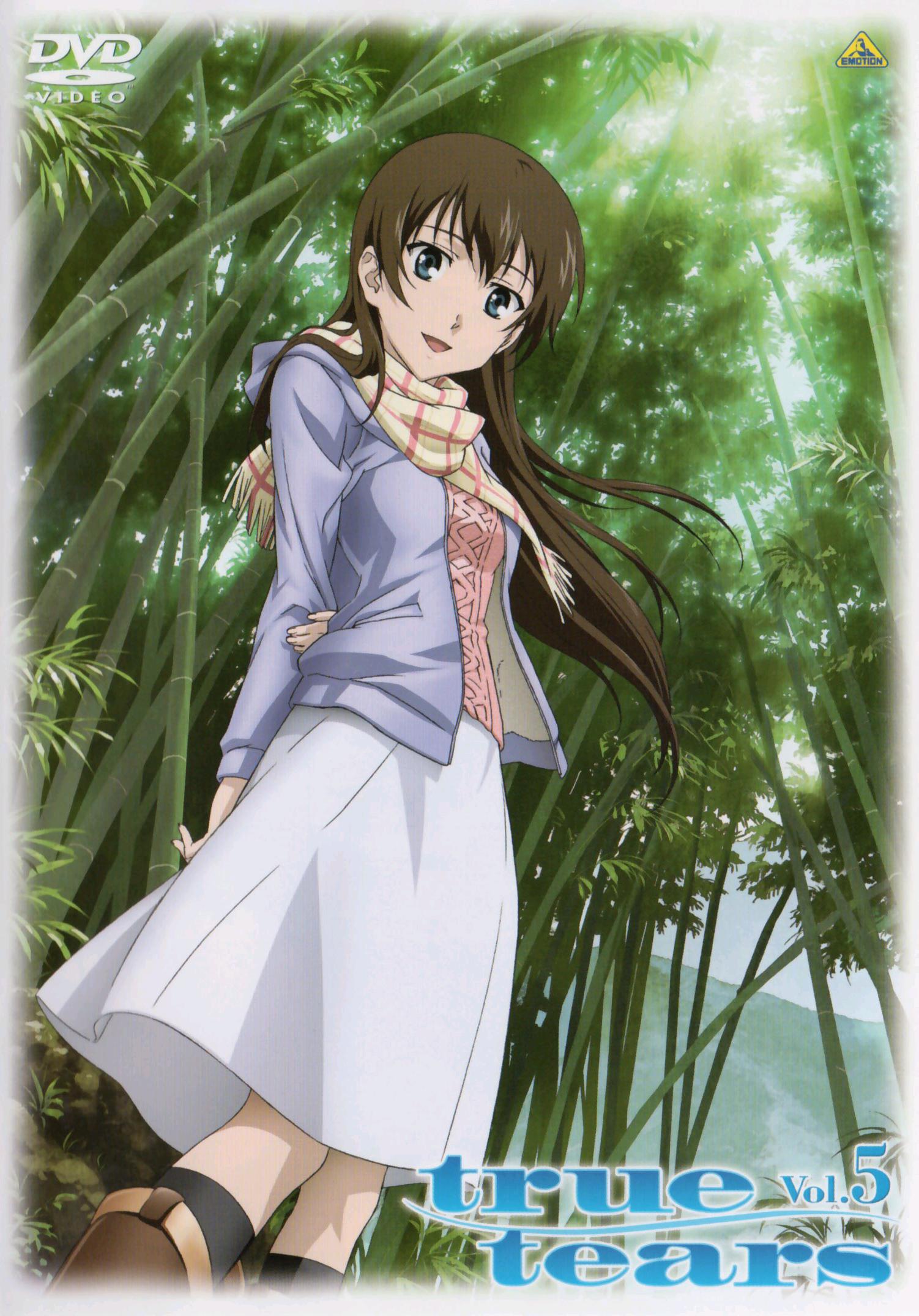 sekiguchi kanami, yuasa hiromi, true tears, highres, scan, 00s, bamboo, brown hair, cover, dvd cover, scarf, skirt, solo