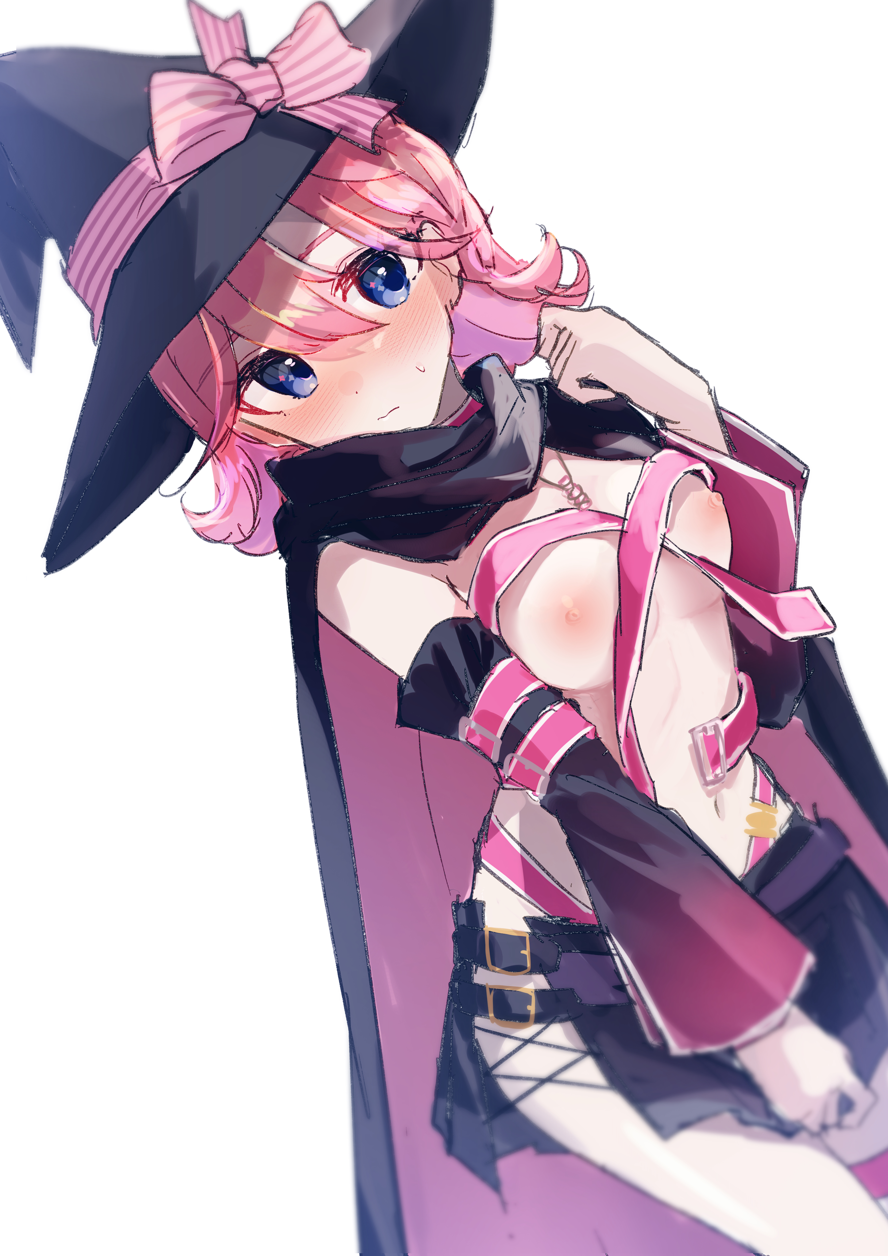 ch2sh, ayachi nene, himitsu no aipri, pretty series, sanoba witch, absurdres, commentary request, highres, variant set, 1girl, 3:, ayachi nene (cosplay), belt, belt bra, black cape, black hat, black skirt, blue eyes, blush, bow, breasts, cape, cleavage, clenched hand, closed mouth, cosplay, covering crotch, covering privates, cowboy shot, detached sleeves, dutch angle, embarrassed, eyes visible through hair, flipped hair, hair between eyes, hand up, hat, hat bow, jewelry, long sleeves, looking at viewer, medium breasts, medium hair, miniskirt, nanaura otome, navel, necklace, nipples, nose blush, open belt, pink belt, pink bow, pink cape, pink hair, pleated skirt, side slit, simple background, skirt, sleeve belt, solo, stomach, sweatdrop, two-sided cape, two-sided fabric, wardrobe malfunction, white background, wide sleeves, witch, witch hat