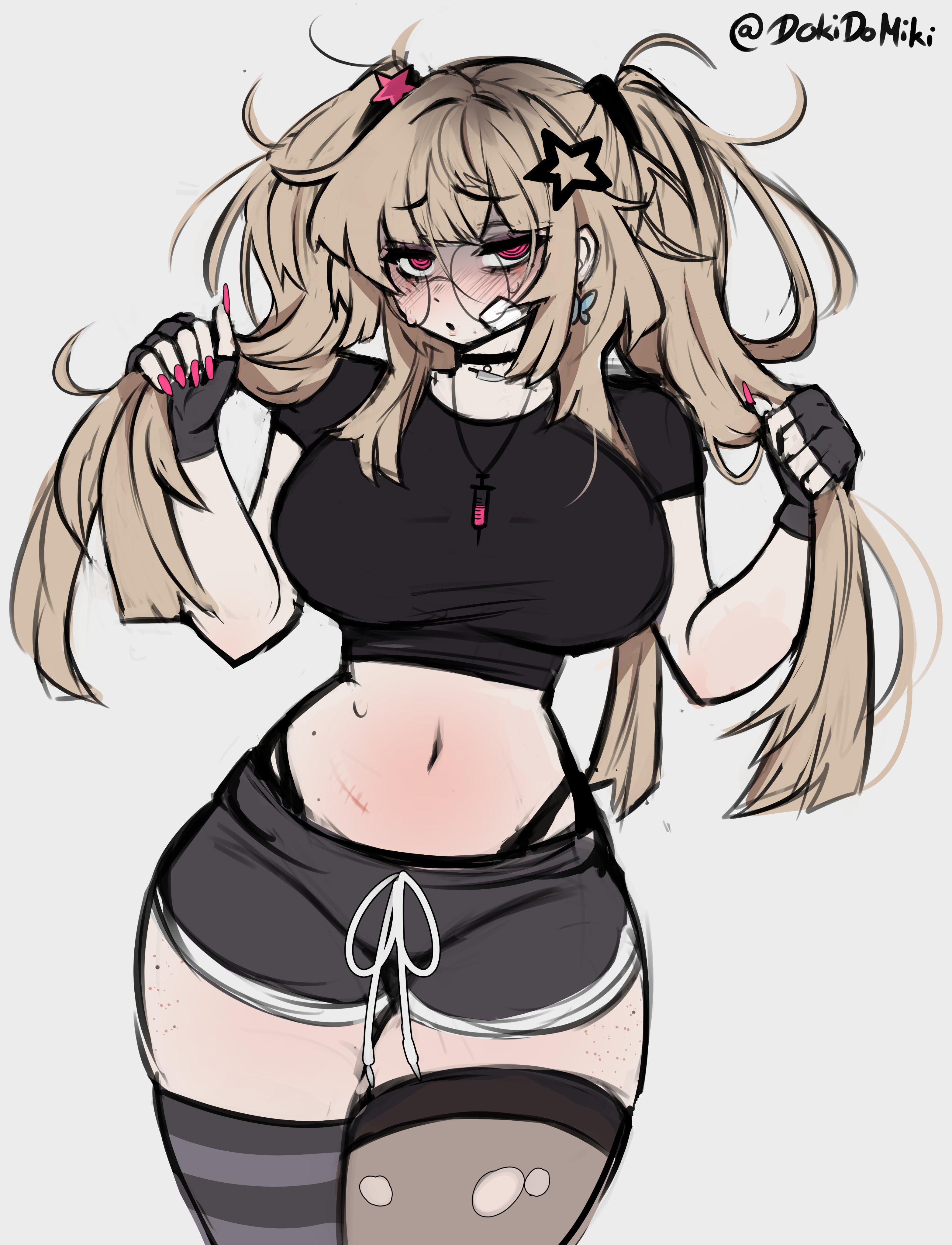 dokidomiki, miki (dokidomiki), original, absurdres, commentary, english commentary, highres, 1girl, :o, artist name, asymmetrical legwear, black choker, black gloves, black panties, black shirt, black shorts, black thighhighs, blonde hair, blush, body freckles, breasts, butterfly earrings, choker, covered groin, cowboy shot, crop top, cropped shirt, curvy, dolphin shorts, earrings, fingerless gloves, fingernails, freckles, gauze, gauze on cheek, gauze on face, glasses, gloves, grabbing own hair, hair ornament, hair tie, hands up, highleg, highleg panties, holding, holding own hair, jewelry, large breasts, long fingernails, long hair, looking at viewer, messy hair, mismatched legwear, mole, mole on stomach, nail polish, navel, necklace, open mouth, panties, panty straps, parted bangs, pink eyes, pink nails, raised inner eyebrows, round eyewear, scar, scar on stomach, shirt, short shorts, short sleeves, shorts, simple background, solo, star (symbol), star hair ornament, stomach, striped clothes, striped thighhighs, sweat, syringe necklace, thigh freckles, thighhighs, torn clothes, torn thighhighs, twitter username, two side up, underwear, white background, wide hips