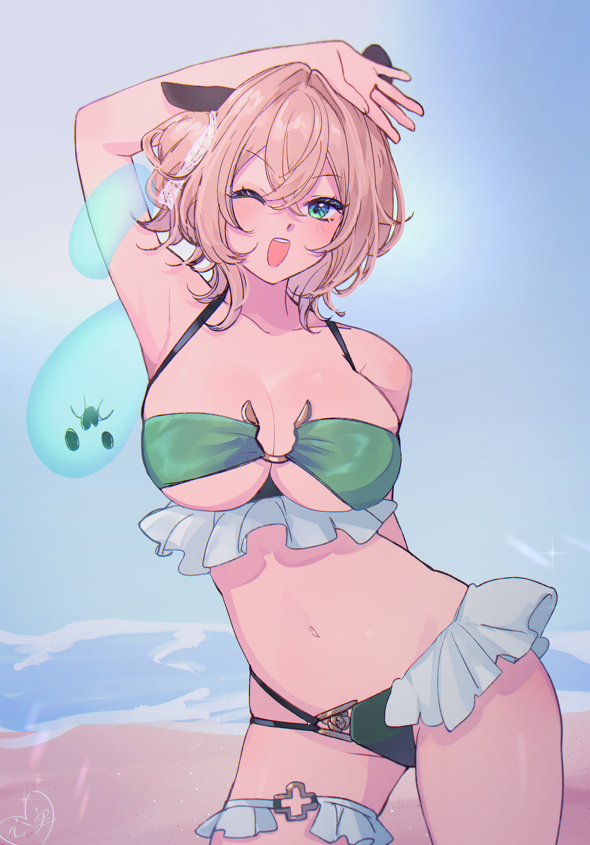 kokomi (aniesuakkaman), naplings (nimi nightmare), nimi nightmare, indie virtual youtuber, absurdres, bad id, bad pixiv id, highres, revision, 1girl, animal ears, arm up, bikini, breasts, brown hair, frilled thigh strap, green bikini, green eyes, hair between eyes, large breasts, looking at viewer, one eye closed, open mouth, swimsuit, tapir ears, tapir girl, thigh strap, virtual youtuber