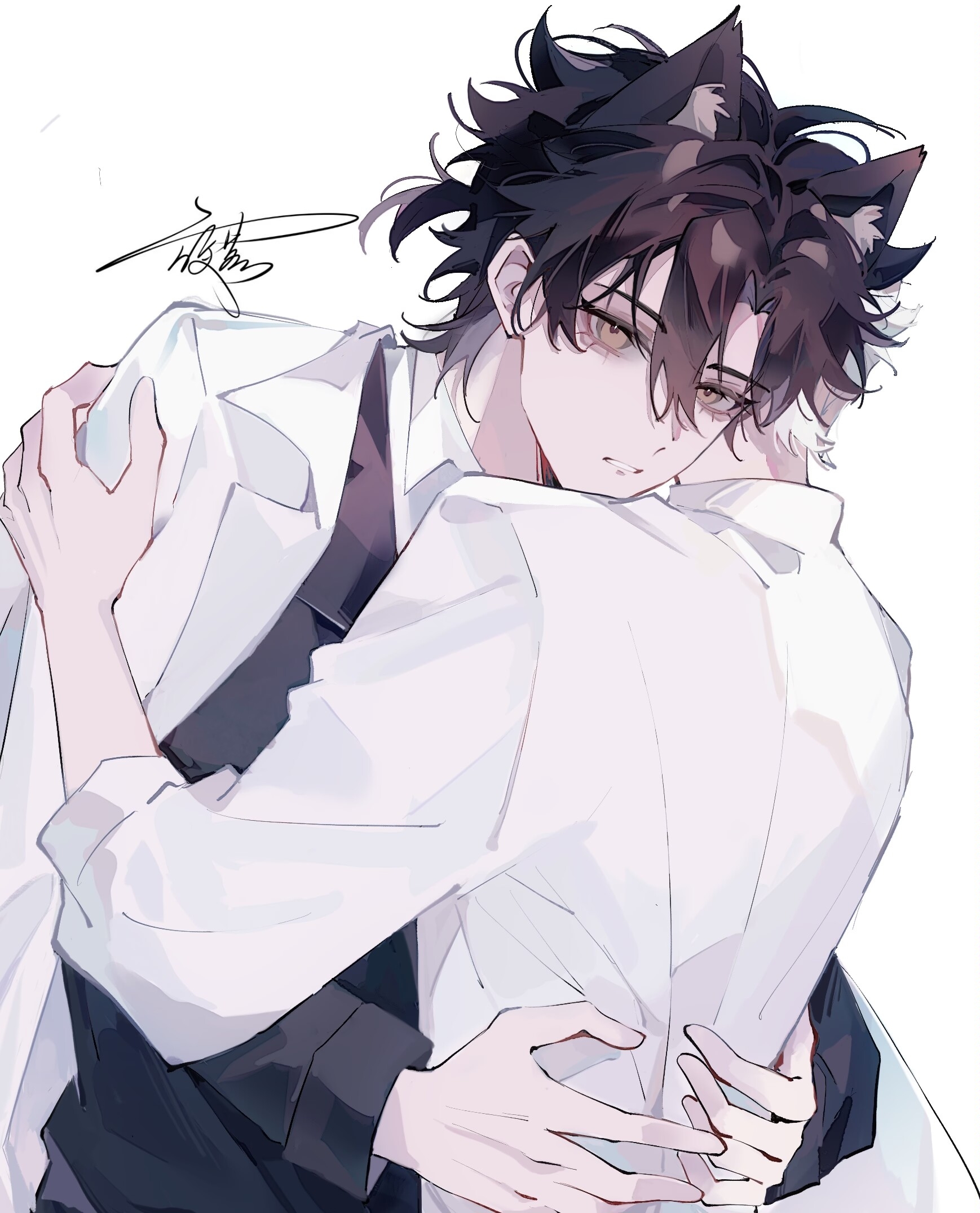 yezi0309, cheng xiaoshi, lu guang, shiguang dailiren, chinese commentary, highres, 2boys, alternate costume, animal ear fluff, animal ears, artist name, black hair, black shirt, closed mouth, collared shirt, dog boy, dog ears, extra ears, eyelashes, formal clothes, hair between eyes, hands on another's back, hug, jacket, jacket on shoulders, long sleeves, looking at viewer, male focus, messy hair, multiple boys, necktie, open clothes, parted lips, ponytail, shirt, short hair, short ponytail, signature, simple background, suit, upper body, vest, white background, white jacket, white shirt, yaoi, yellow eyes