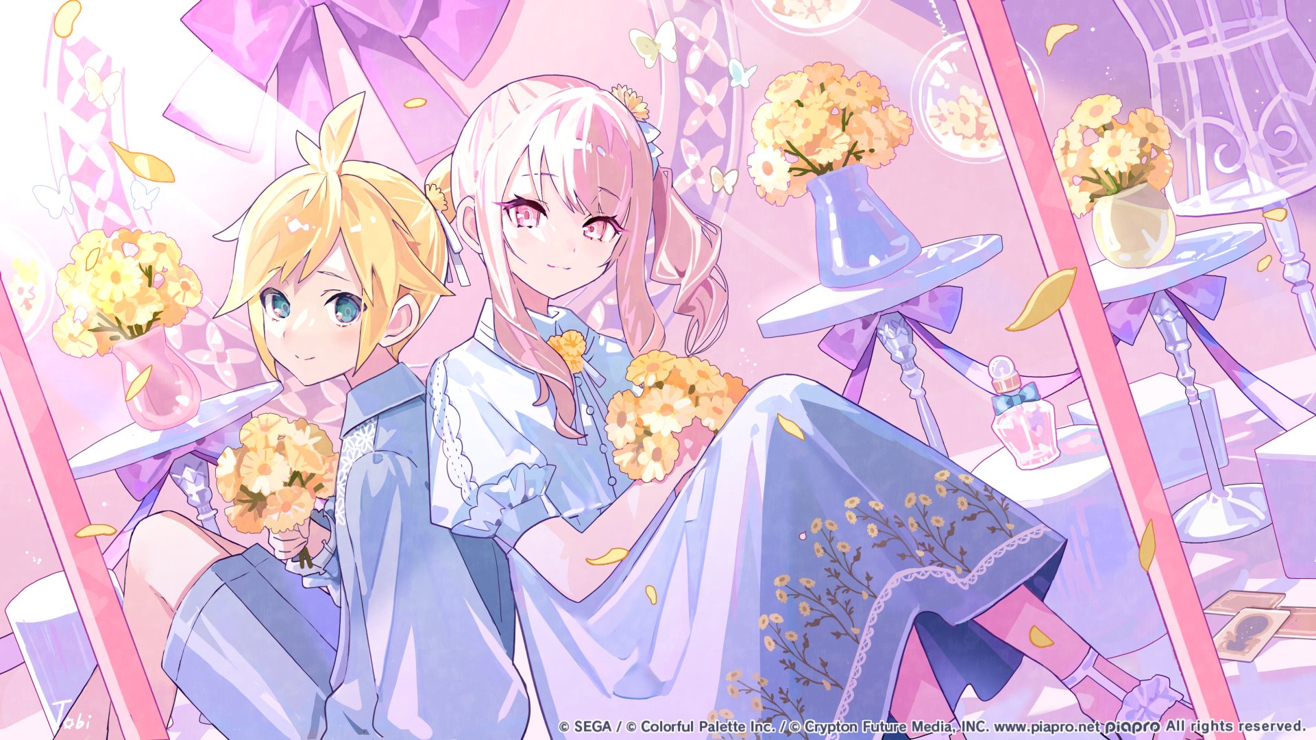 tobi (kotetsu), 25-ji len, akiyama mizuki, kagamine len, project sekai, vocaloid, commentary request, highres, official art, second-party source, 1boy, 1other, aqua eyes, artist name, blonde hair, bottle, bug, butterfly, closed mouth, company name, copyright notice, countdown illustration, dress, flower, guest art, hodokenu ashita ni te wo nobashite (project sekai), holding, holding flower, insect, looking at viewer, official alternate costume, perfume bottle, petals, pink eyes, pink hair, shirt, shoes, shorts, side ponytail, sidelocks, smile, spiked hair, vase, white dress, white shirt, white shoes, white shorts, yellow flower