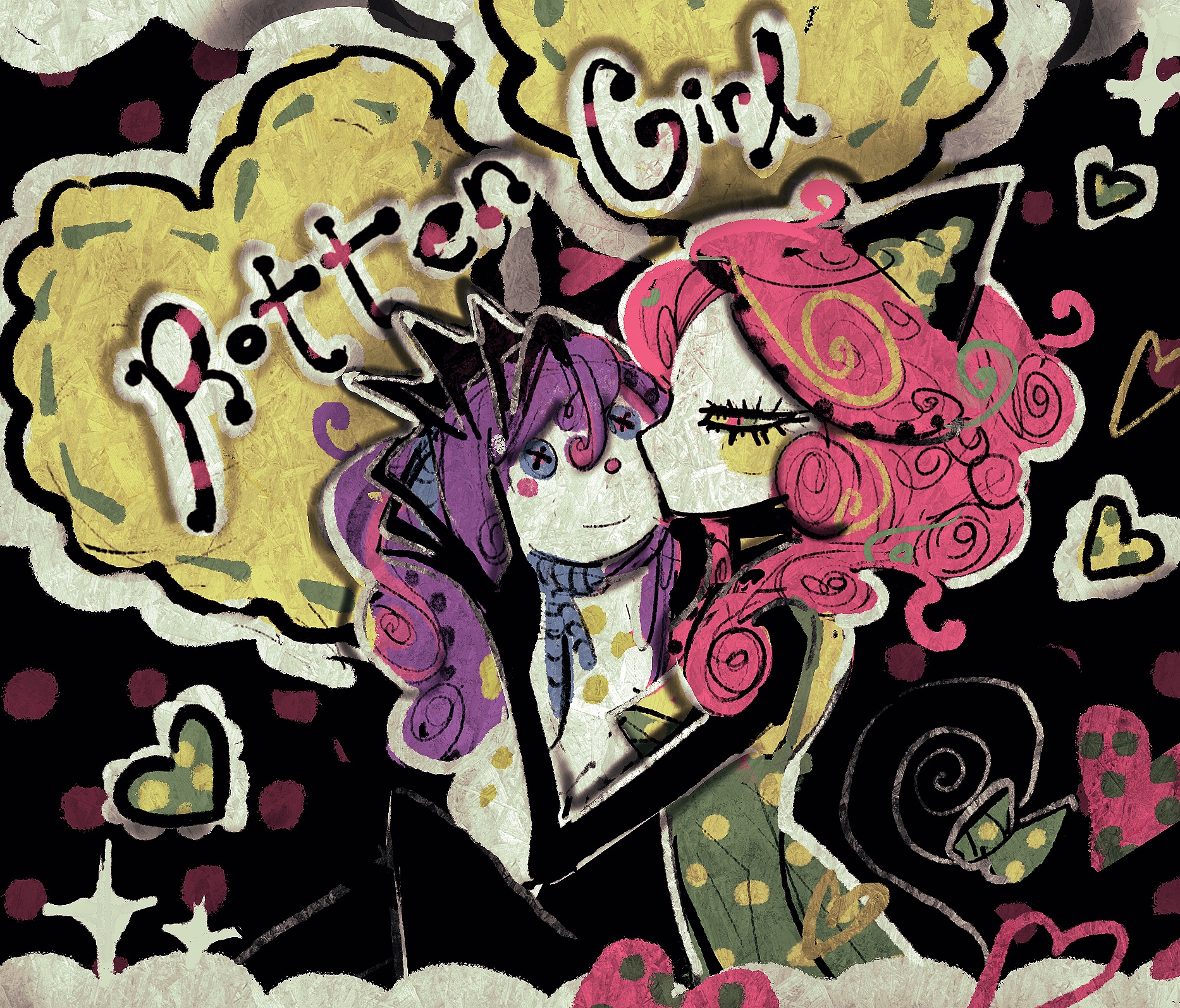 original, highres, abstract background, button eyes, buttons, curly hair, dress, english text, from side, green dress, green hat, hat, heart, kiss, lina (papilionidae), multicolored hat, narrowed eyes, papilionidae, pink hair, polka dot, polka dot dress, purple hair, solo, stuffed toy, surreal, two-tone dress, two-tone hat, upper body, yellow dress, yellow hat