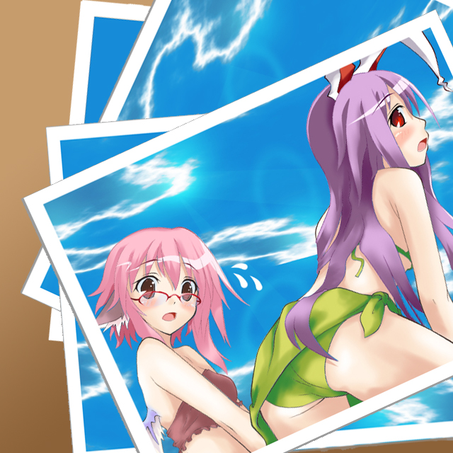 ogami kazuki, mystia lorelei, reisen udongein inaba, touhou, photo (medium), 2girls, animal ears, ass, bespectacled, bikini, blush, day, female focus, glasses, long hair, multiple girls, open mouth, photo (object), pink hair, purple hair, rabbit ears, red-framed eyewear, short hair, swimsuit
