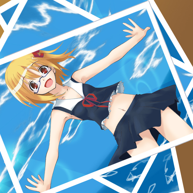 ogami kazuki, rumia, embodiment of scarlet devil, touhou, 1girl, adapted costume, bespectacled, blonde hair, cloud, day, fang, female focus, glasses, open mouth, outstretched arms, photo (object), red eyes, ribbon, short hair, smile, solo, spread arms