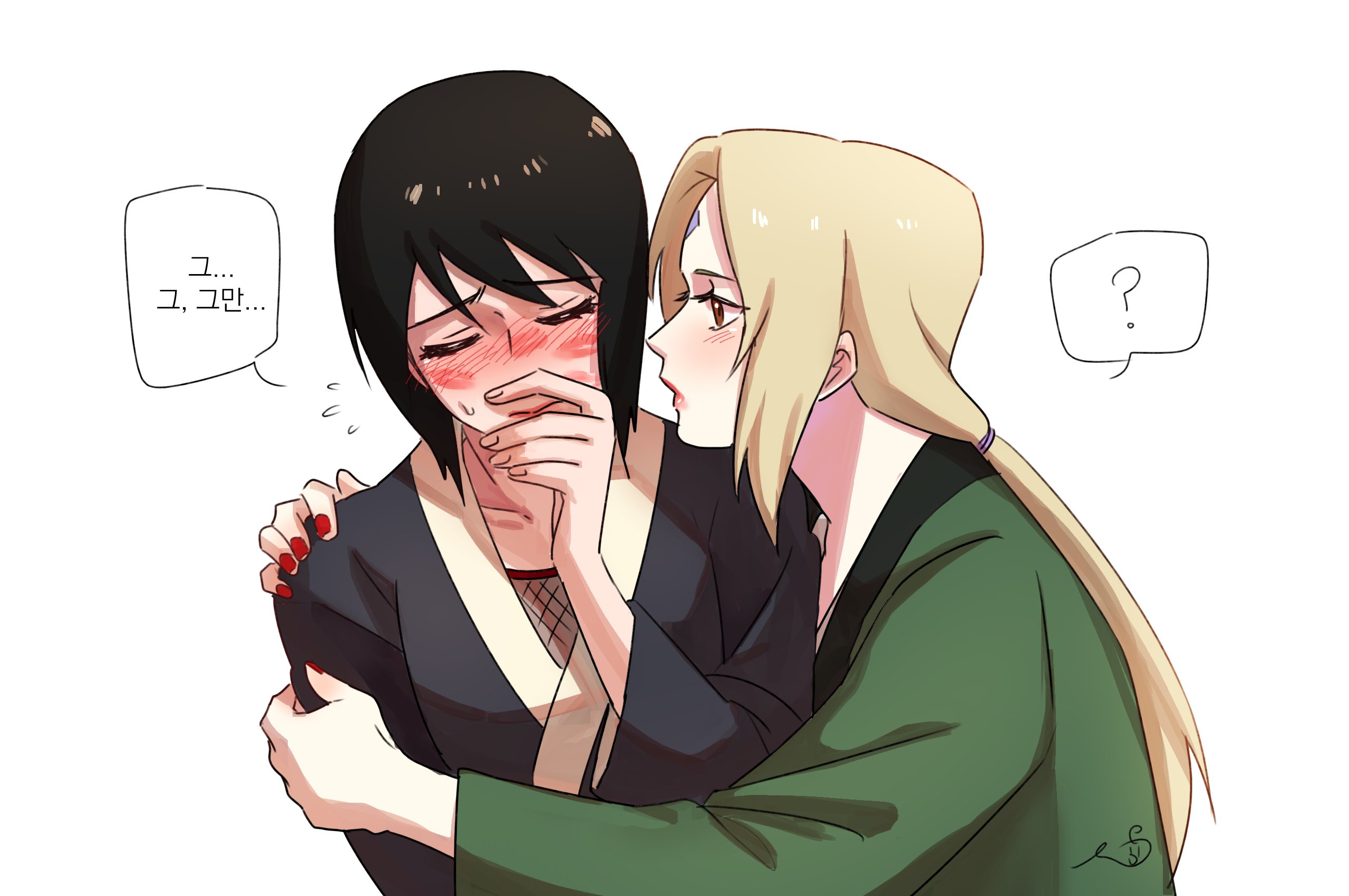 may c, shizune (naruto), tsunade (naruto), naruto (series), highres, translation request, 2girls, ?, black eyes, blonde hair, brown eyes, closed eyes, flying sweatdrops, hug, korean text, lipstick, lipstick mark, lipstick mark on face, long hair, makeup, multiple girls, ponytail, red nails, signature, spoken question mark, sweatdrop, yuri