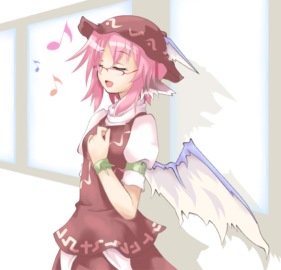 ogami kazuki, mystia lorelei, touhou, 1girl, bespectacled, closed eyes, female focus, glasses, hand on own chest, music, musical note, open mouth, pink hair, quaver, red-framed eyewear, short hair, singing, solo, wings