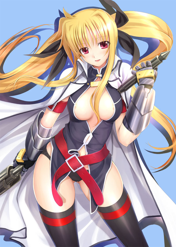 mikazuki akira!, bardiche (nanoha), fate testarossa, fate testarossa (impulse form), fate testarossa (true sonic form), lyrical nanoha, mahou shoujo lyrical nanoha, mahou shoujo lyrical nanoha strikers, 00s, 1girl, adapted costume, belt, black panties, blonde hair, blush, breasts, cape, cleavage, female focus, gauntlets, long hair, nipple slip, nipples, panties, red eyes, solo, thighhighs, twintails, underwear, very long hair, weapon