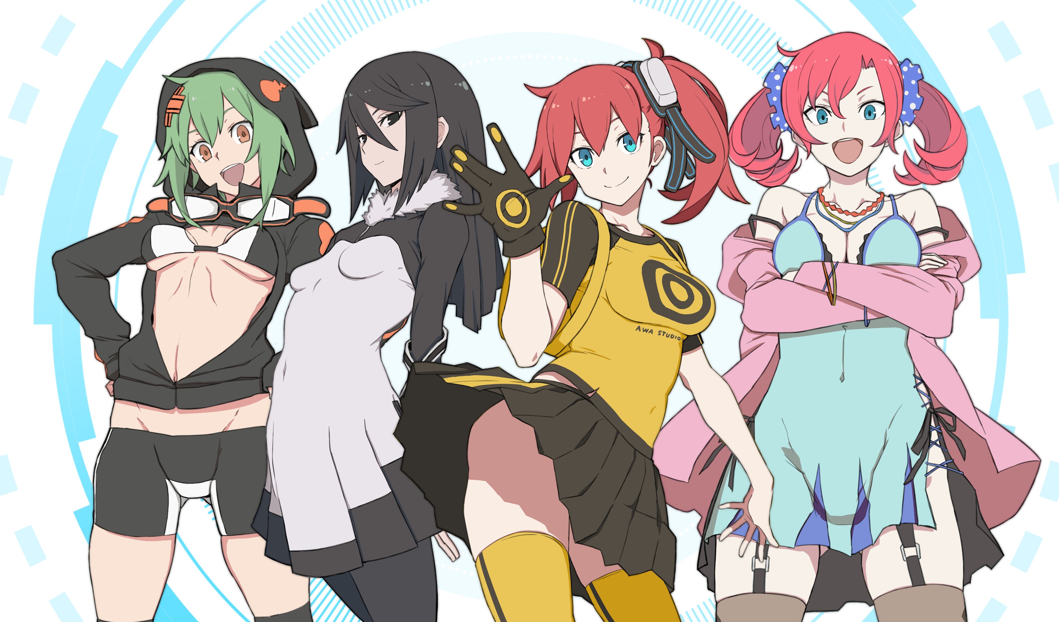 kp944113, aiba ami, kamishiro yuuko, shinomiya rina, shiramine nokia, digimon, digimon story: cyber sleuth, absurdres, highres, blue camisole, blue eyes, breasts, camisole, cleavage, gloves, goggles, goggles on head, group picture, jacket, large breasts, long hair, looking at viewer, pink jacket, red hair, shirt, sideless outfit, simple background, skirt, smile, thighhighs, twintails, underwear, yellow shirt, yellow thighhighs