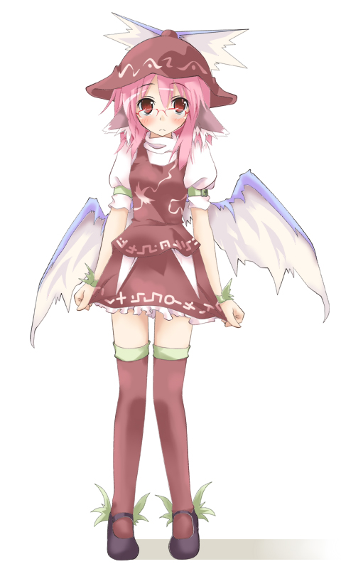 ogami kazuki, mystia lorelei, touhou, winged footwear, 1girl, adapted costume, armband, bespectacled, blush, female focus, glasses, pink hair, red-framed eyewear, red eyes, shoes, short hair, solo, thighhighs, wings, wristband, zettai ryouiki