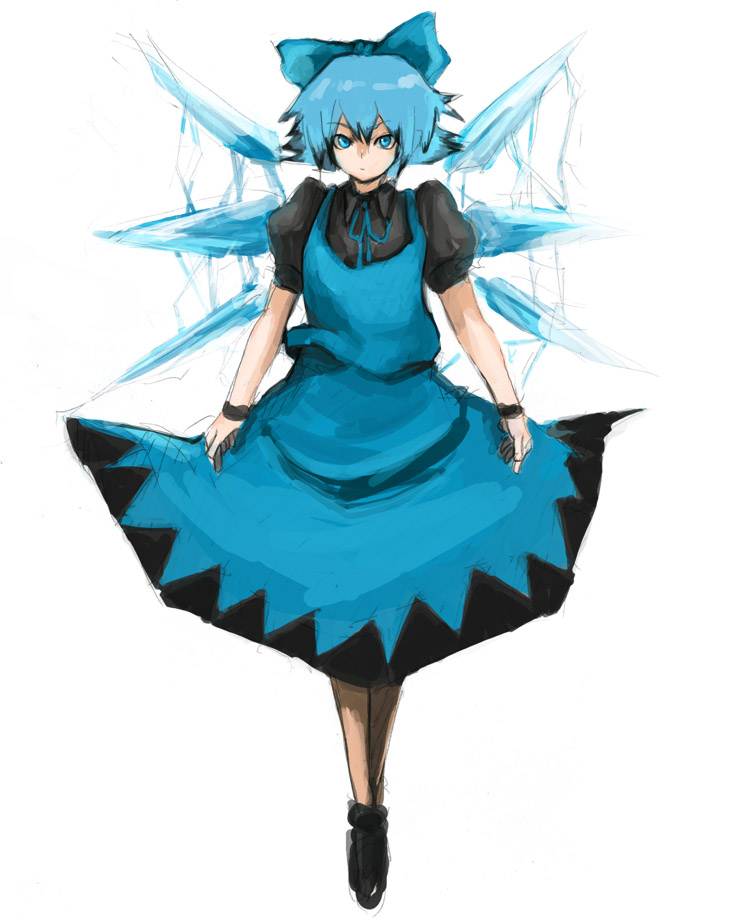kasa (hitori sanka), cirno, touhou, 1girl, aged up, alternate color, aqua eyes, aqua hair, bow, dress, female focus, hair bow, serious, short hair, simple background, sketch, solo, wings