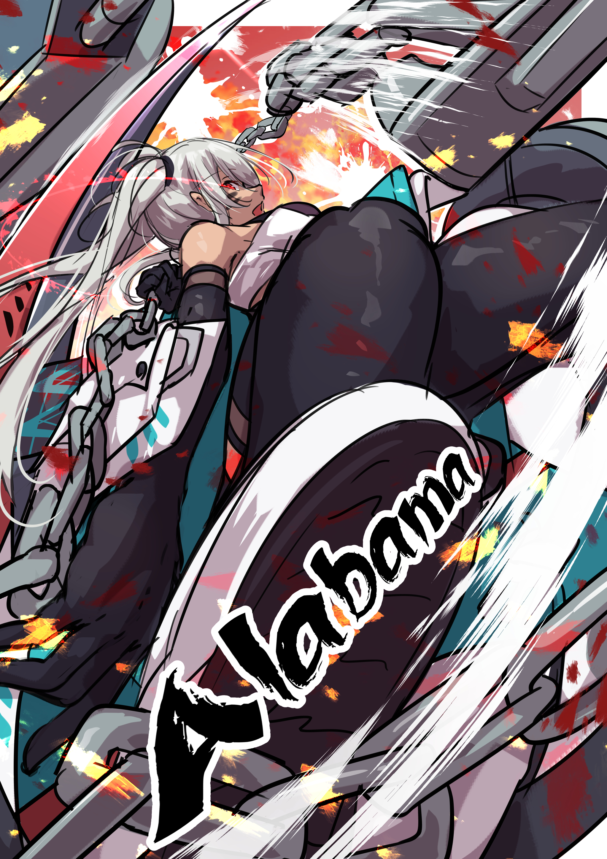 oriue wato, alabama (azur lane), azur lane, absurdres, highres, 1girl, black thighhighs, chain, character name, dark-skinned female, dark skin, facial mark, red eyes, rigging, scythe, ship turret, solo, thighhighs, twintails, white hair