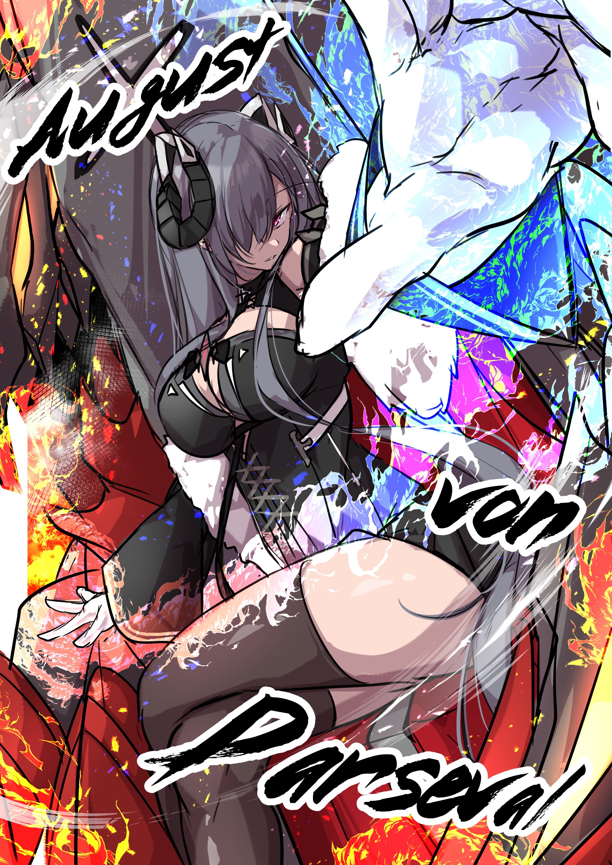 oriue wato, august von parseval (azur lane), azur lane, absurdres, highres, 1girl, black dress, black horns, black thighhighs, breasts, character name, crossed legs, curled horns, dress, gloves, hair over one eye, horns, large breasts, long hair, looking at viewer, non-humanoid robot, parted lips, pink eyes, purple hair, rigging, robot, robot dragon, sitting, solo, thighhighs, white gloves