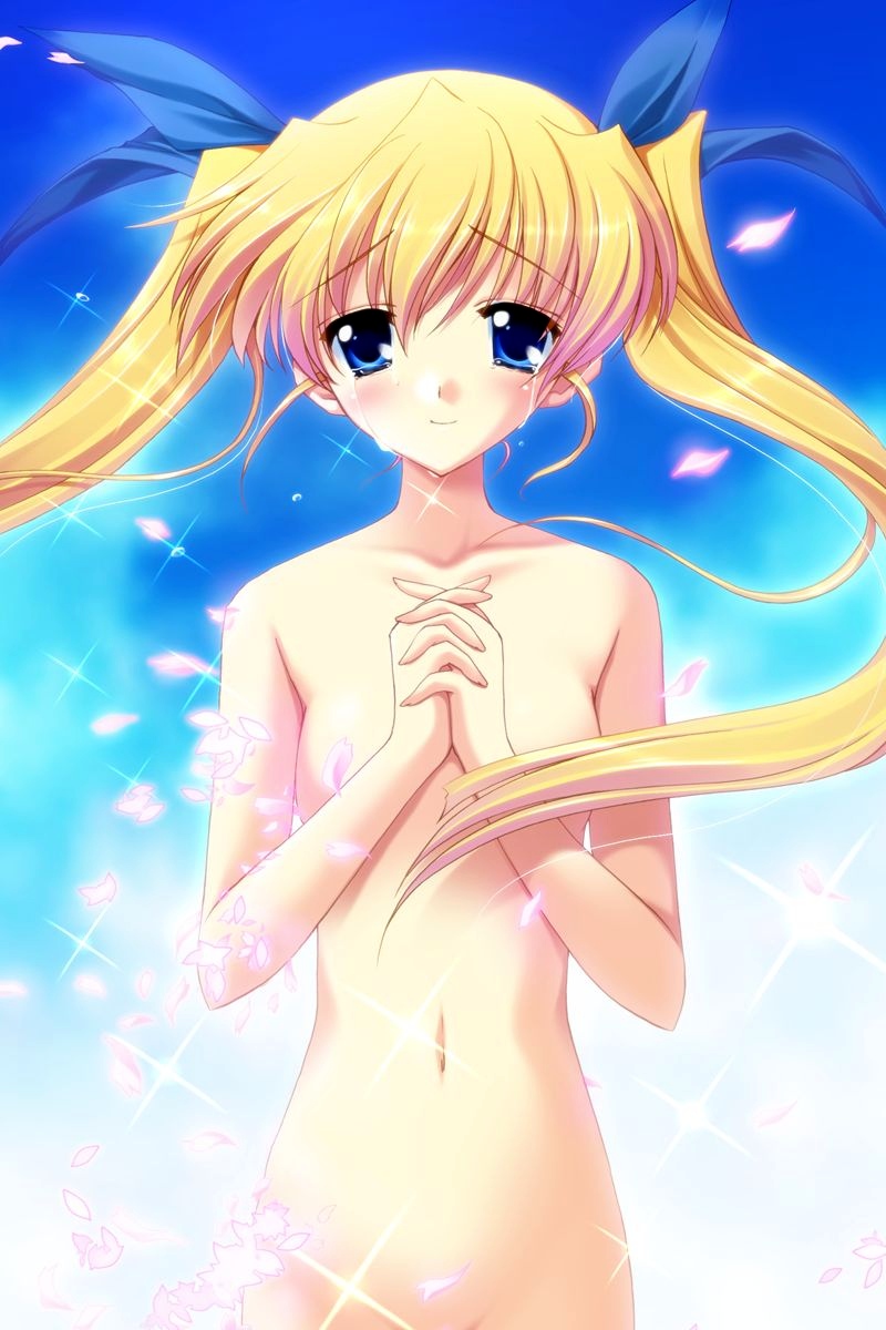 yoshino sakura, da capo, da capo i, highres, 00s, 1girl, blonde hair, blue eyes, blush, cherry blossoms, female focus, navel, nude, out-of-frame censoring, petals, solo, sparkle, tears, twintails