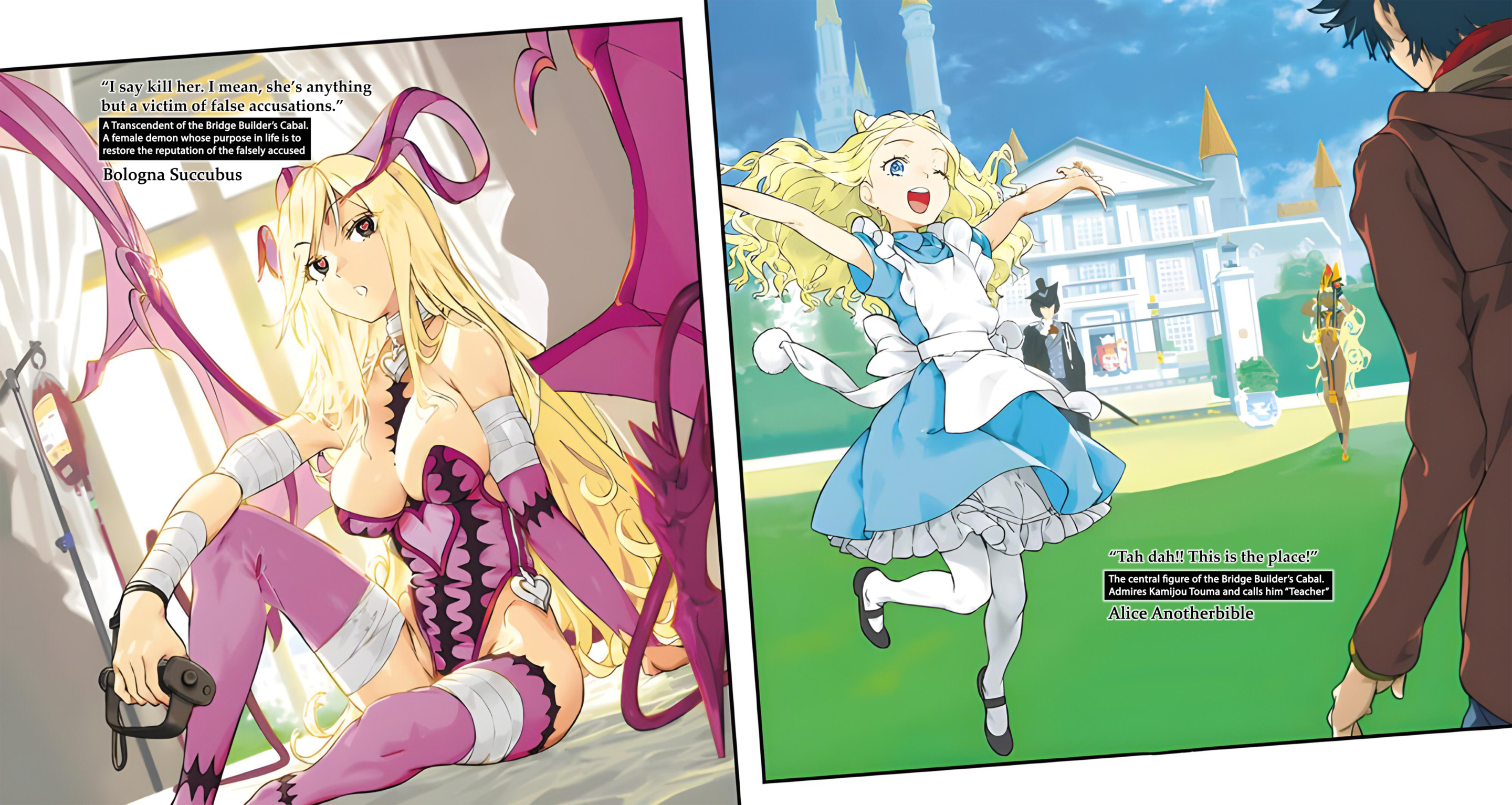 haimura kiyotaka, alice anotherbible, bologna succubus (toaru), kamijou touma, toaru majutsu no index, toaru majutsu no index: genesis testament, highres, novel illustration, official art, 1boy, blonde hair, demon tail, dress, horns, mary janes, multiple girls, one eye closed, pantyhose, shoes, tail, thighhighs, wings