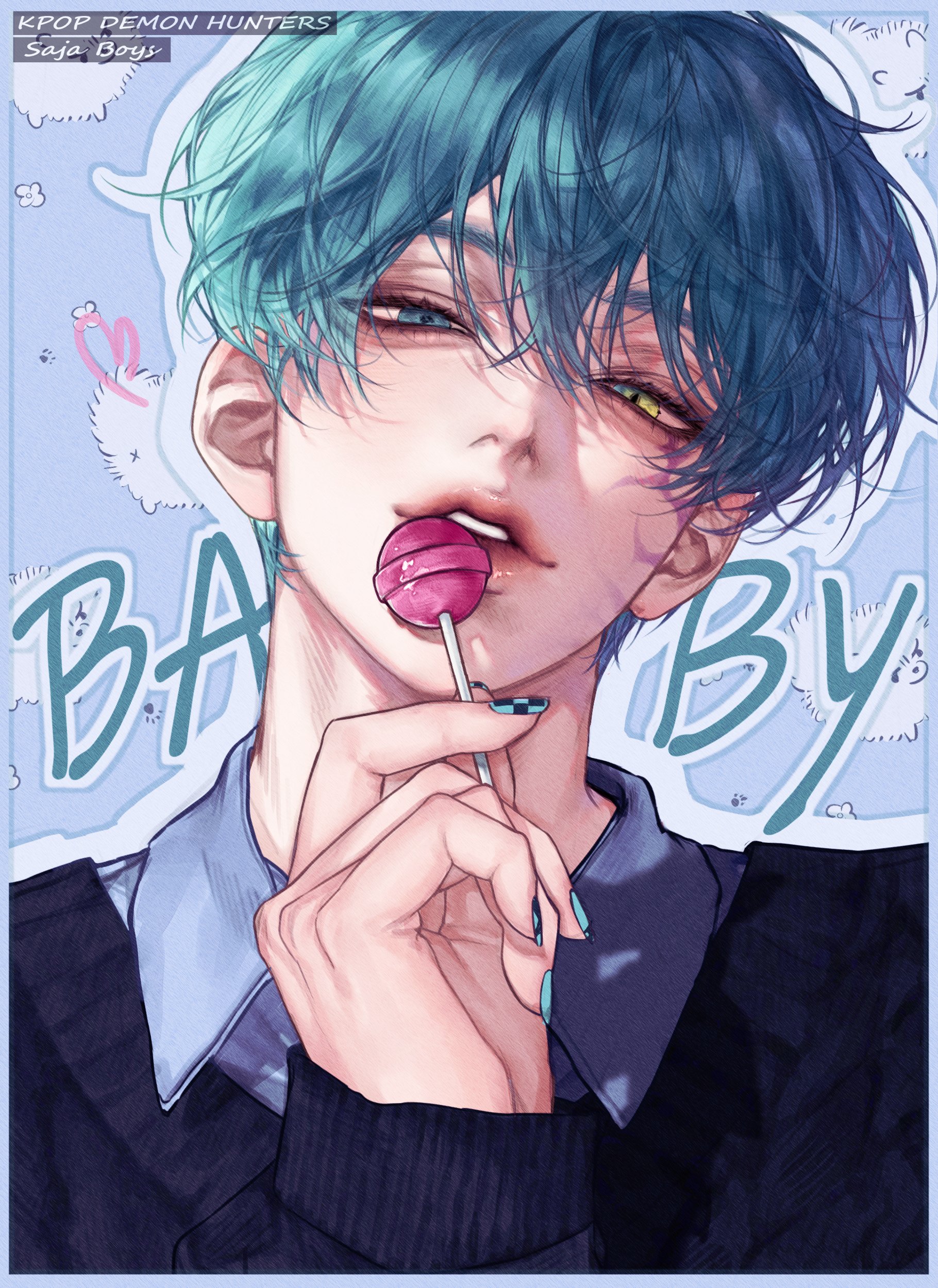 baby (kpop demon hunters), kpop demon hunters, absurdres, commentary request, highres, korean commentary, 1boy, blue eyes, blue hair, candy, character name, checkered nails, closed mouth, copyright name, eyelashes, food, hair between eyes, heterochromia, holding, holding candy, holding food, holding lollipop, lips, lollipop, long sleeves, looking at viewer, male focus, multicolored nails, nail polish, outline, short hair, siyawn2018, solo, teeth, yellow eyes