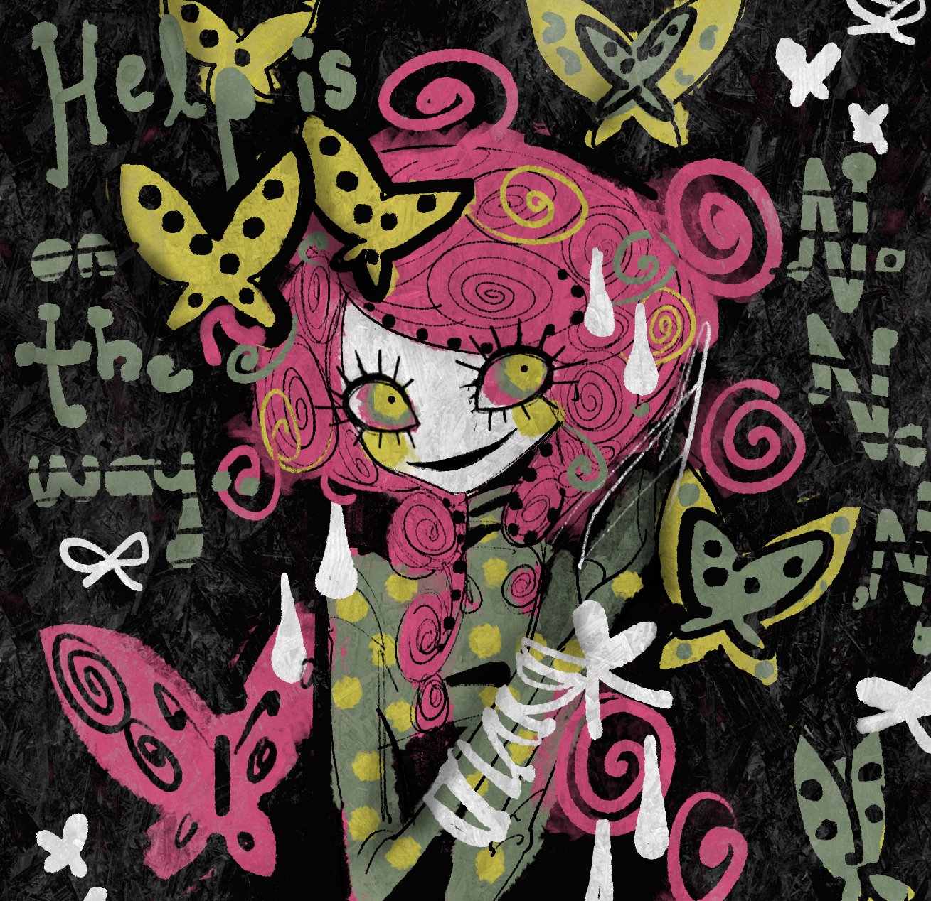 original, highres, 1girl, abstract background, animal, black background, bound, bound arms, bug, butterfly, colored skin, curly hair, english text, green butterfly, green eyes, green shirt, insect, lina (papilionidae), looking to the side, multicolored eyes, open mouth, papilionidae, pink butterfly, pink eyes, pink hair, polka dot, polka dot shirt, shirt, smile, solo, surreal, upper body, water drop, white skin, yellow eyes, yellow shirt