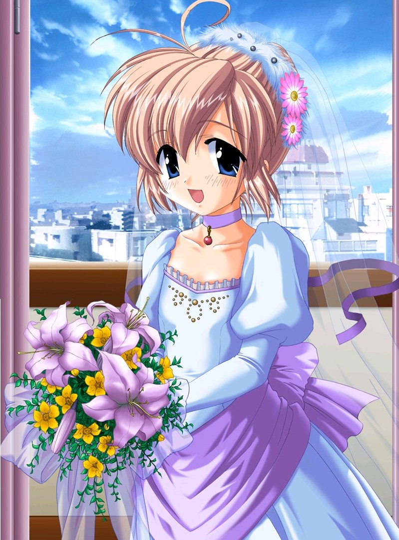 antennae, blue eyes, blush, bouquet, brown hair, choker, city, dress, flat chest, flower, open mouth, solo, wedding dress
