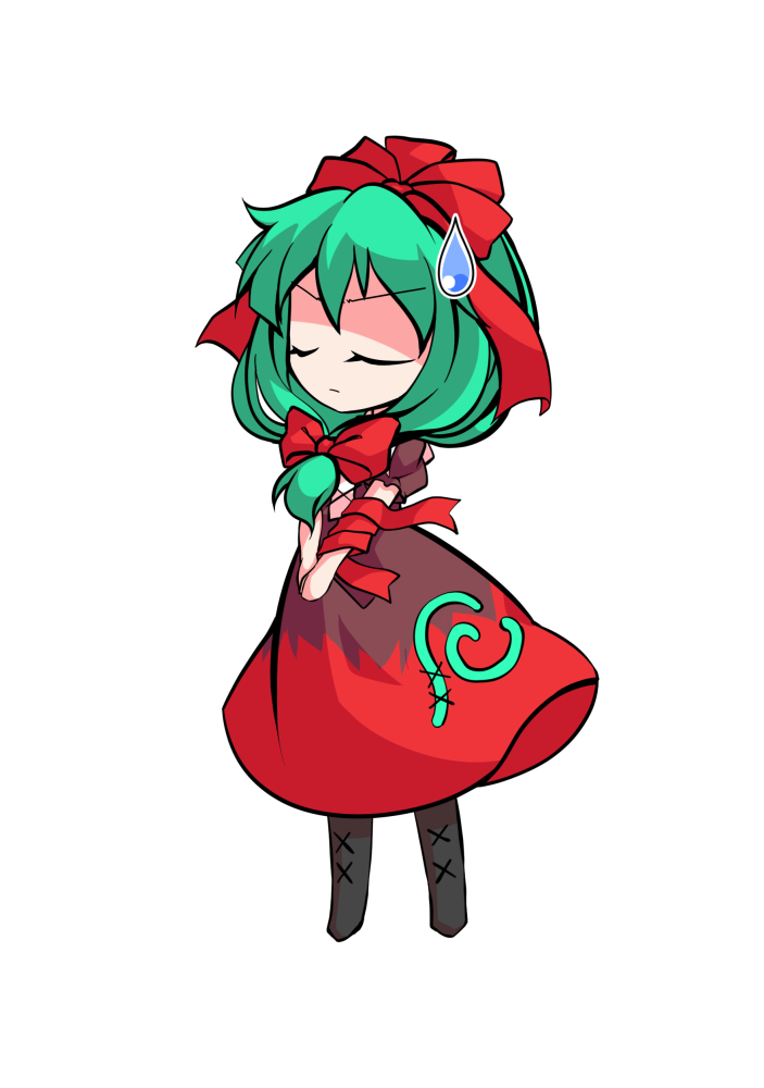dairi, kagiyama hina, touhou, commentary request, large variant set, variant set, 1girl, arm ribbon, black boots, boots, chibi, chibi only, dress, full body, green hair, hair between eyes, hair ribbon, medium hair, own hands together, puffy short sleeves, puffy sleeves, red dress, red ribbon, ribbon, short sleeves, solo, tachi-e, transparent background
