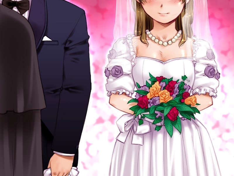 kiriyama taichi, nagisa (maid in heaven), maid in heaven, game cg, 1boy, 1girl, blush, bouquet, bridal veil, bride, brown hair, cassock, couple, dress, flower, formal clothes, gem, happy, hetero, jewelry, necklace, pearl (gemstone), priest, smile, suit, veil, wedding, wedding dress