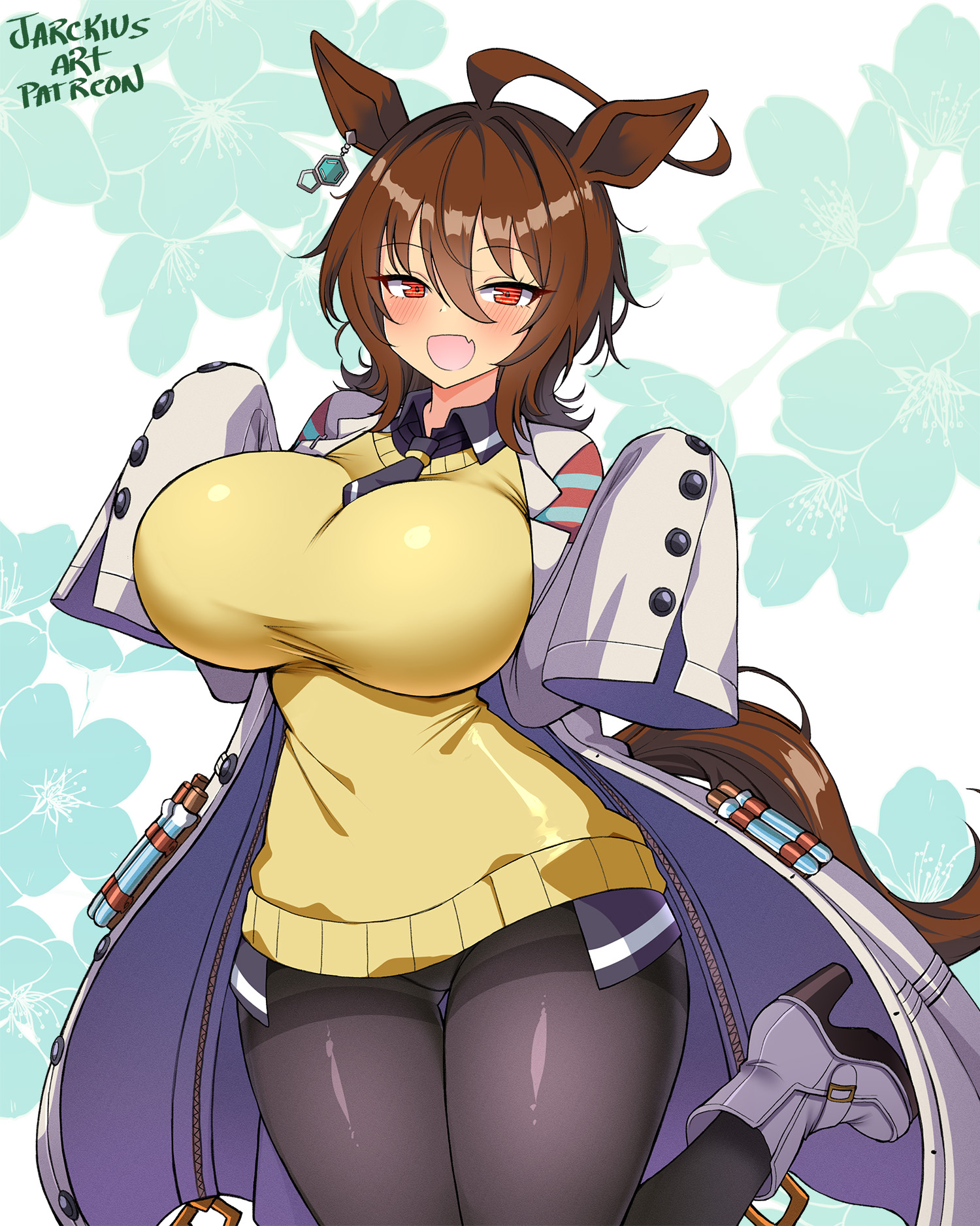 jarckius, agnes tachyon (tach-nology) (umamusume), agnes tachyon (umamusume), umamusume, highres, 1girl, ahoge, animal ears, black pantyhose, blush, breasts, brown hair, coat, collared shirt, earrings, fang, hair between eyes, horse ears, horse girl, horse tail, huge ahoge, jewelry, lab coat, large breasts, long sleeves, looking at viewer, medium hair, necktie, open mouth, pantyhose, red eyes, shirt, shoes, short necktie, single earring, skin fang, sleeves past fingers, sleeves past wrists, smile, solo, sweater, sweater vest, tail, white coat, yellow sweater, yellow sweater vest