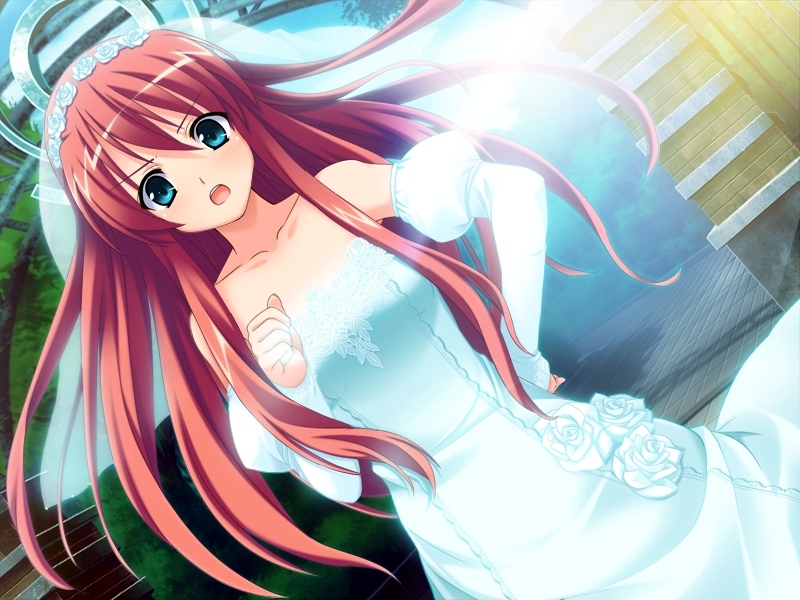narumi suzune, souryuu (double dragon), kamo rikka, prawf clwyd, game cg, 1girl, angry, blue eyes, bride, day, dress, female focus, gloves, long hair, open mouth, outdoors, red hair, solo, wedding dress
